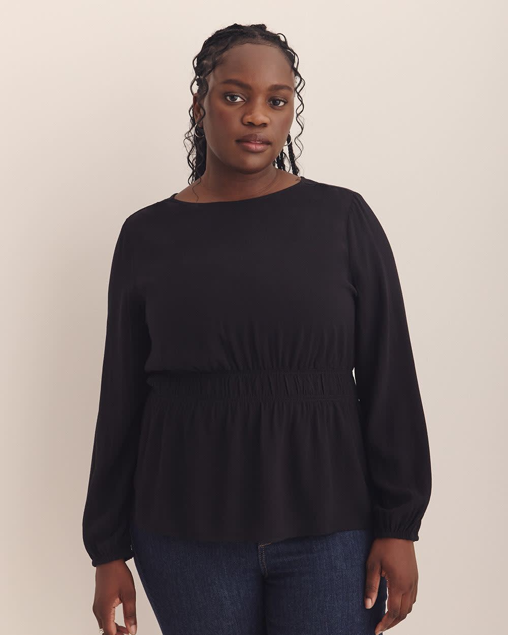 Crewneck Blouse with Smocking Waist - Addition Elle Black