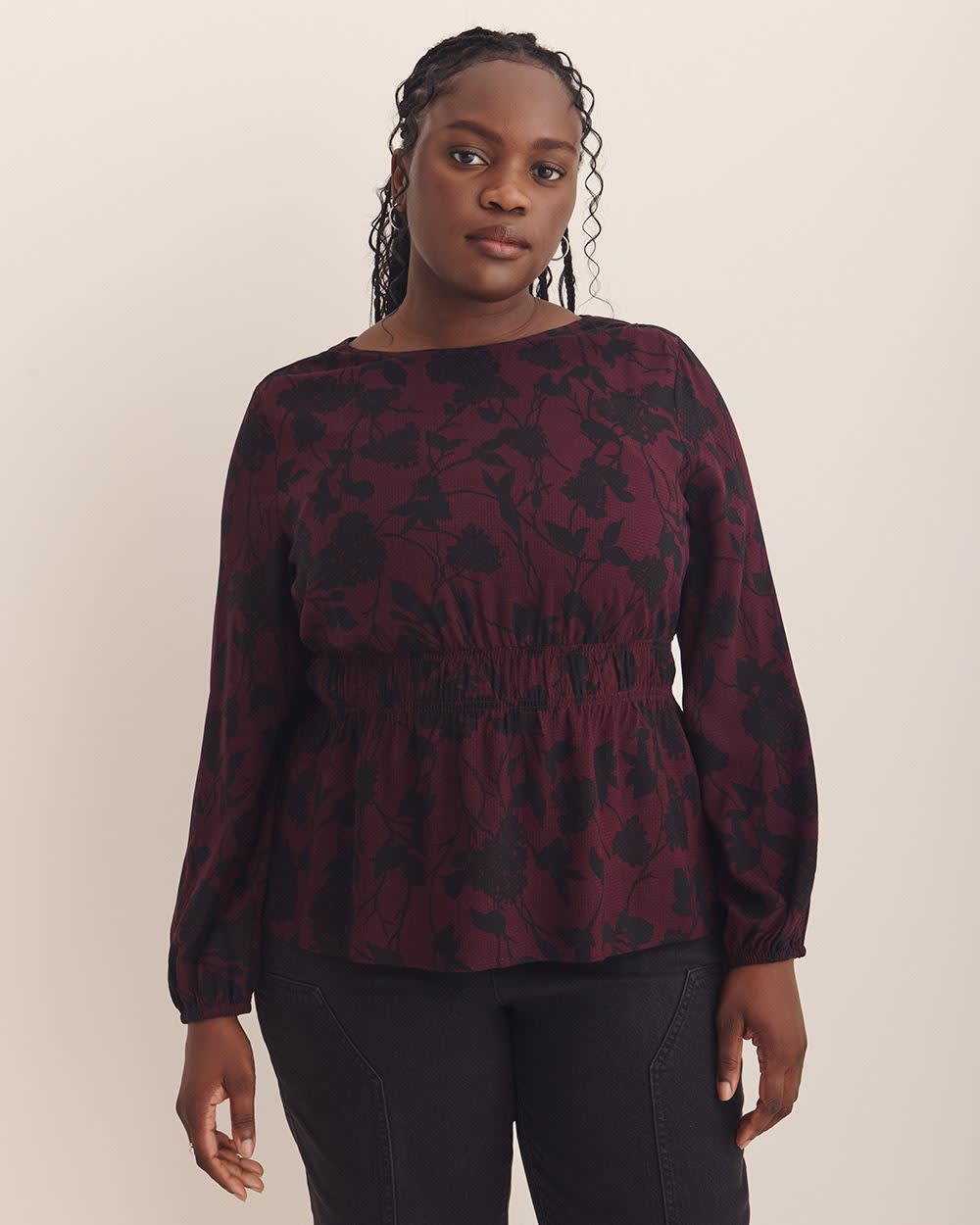 Crewneck Blouse with Smocking Waist - Addition Elle Winetasting printed