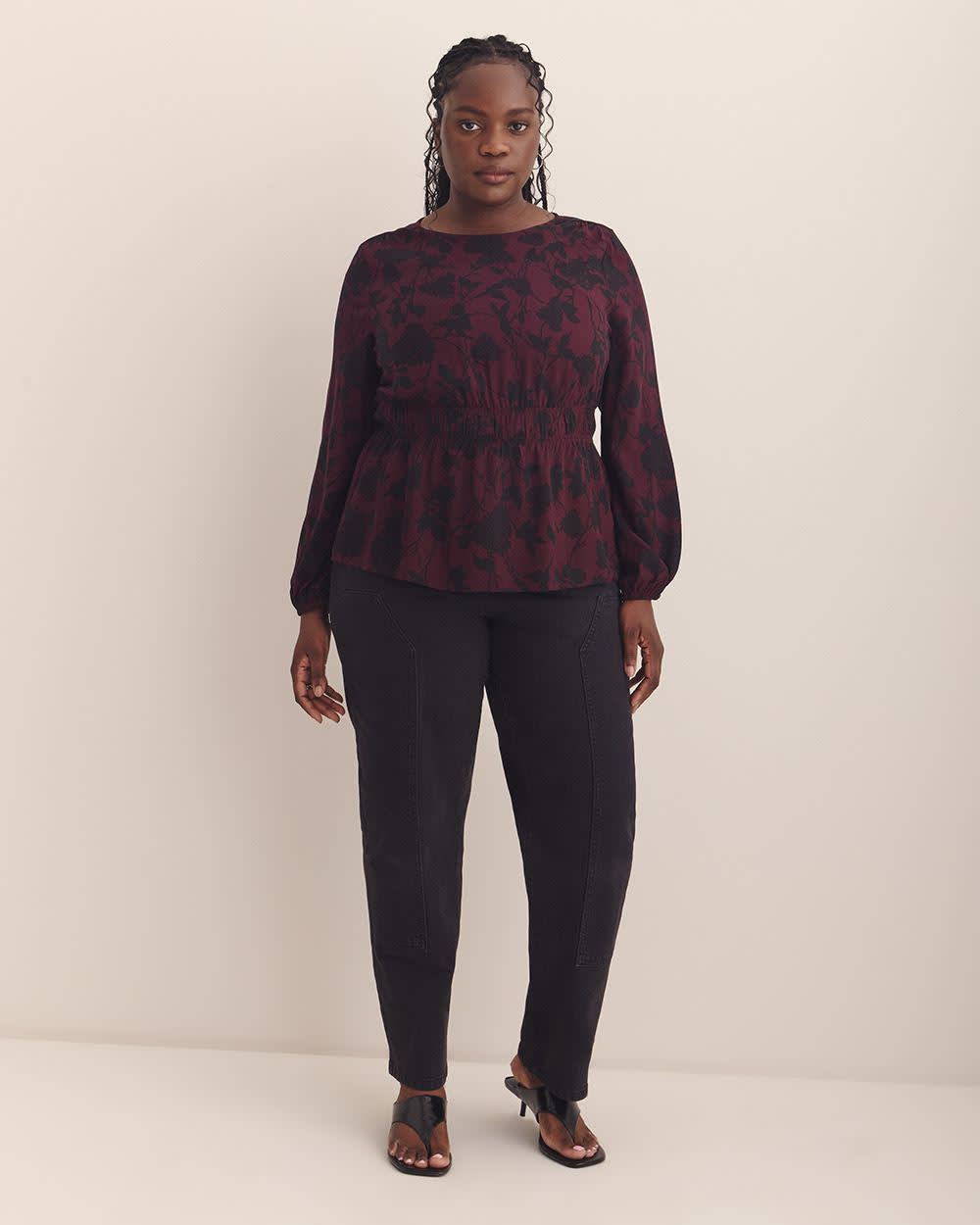 Crewneck Blouse with Smocking Waist - Addition Elle Winetasting printed