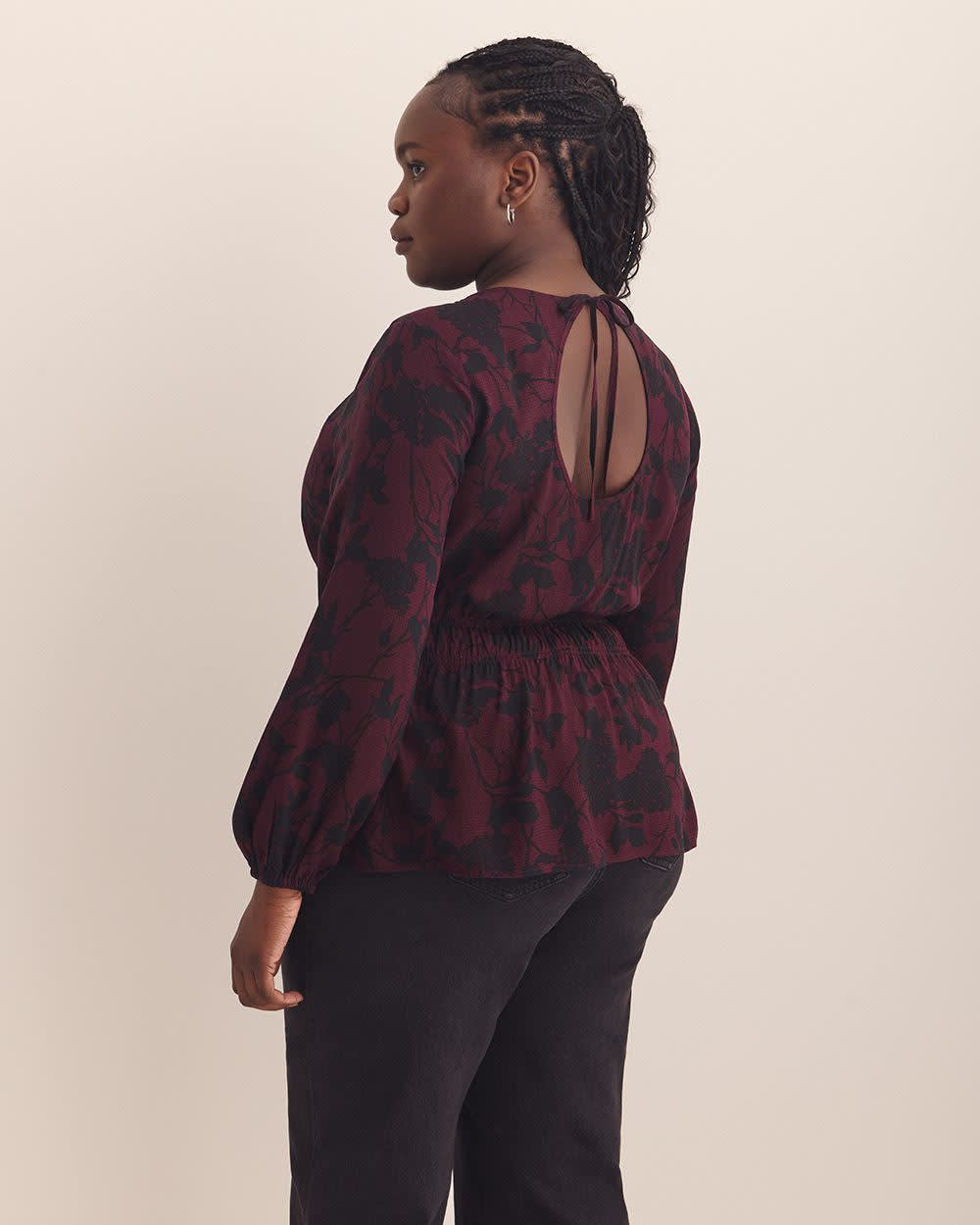 Crewneck Blouse with Smocking Waist - Addition Elle Winetasting printed
