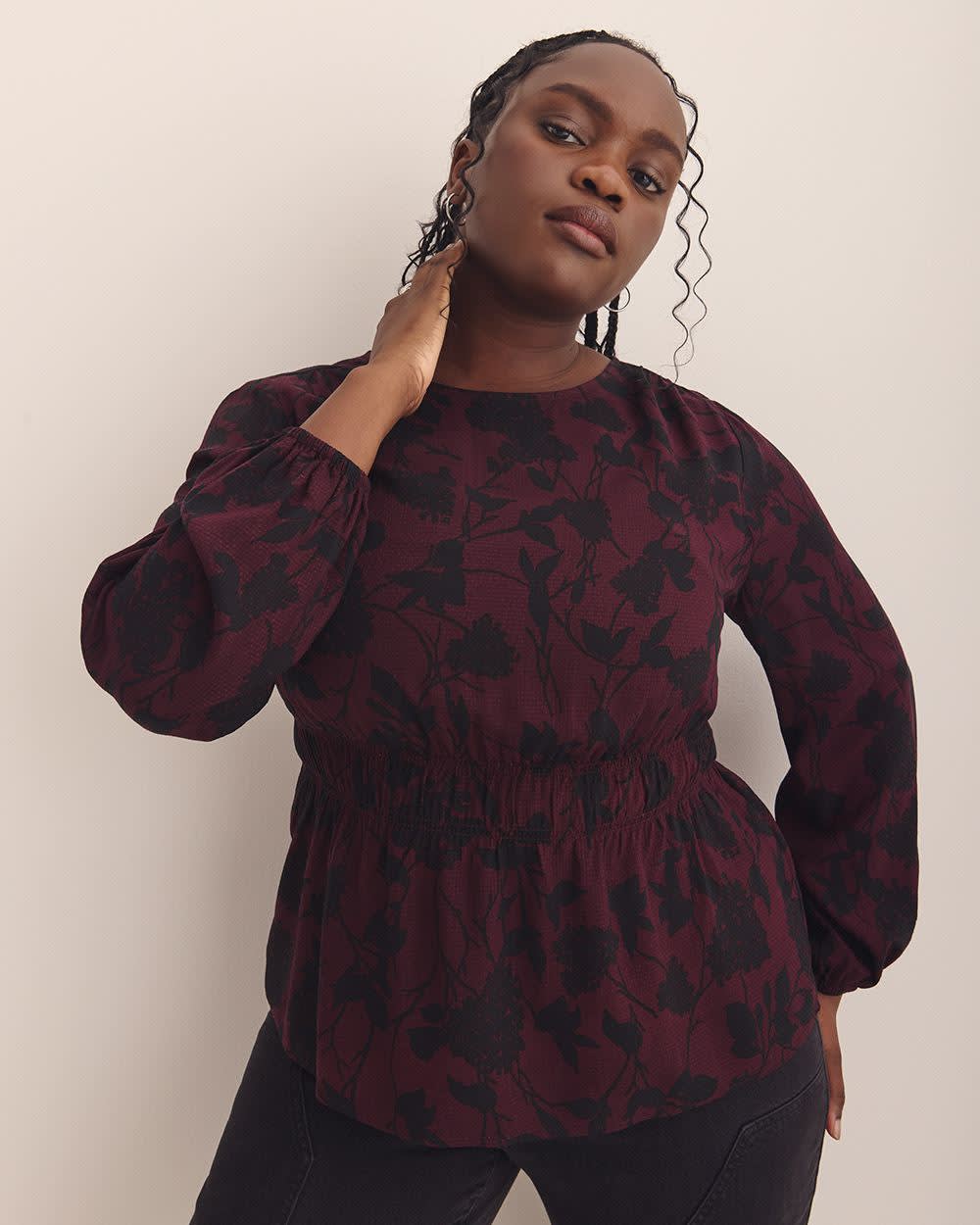 Crewneck Blouse with Smocking Waist - Addition Elle Winetasting printed