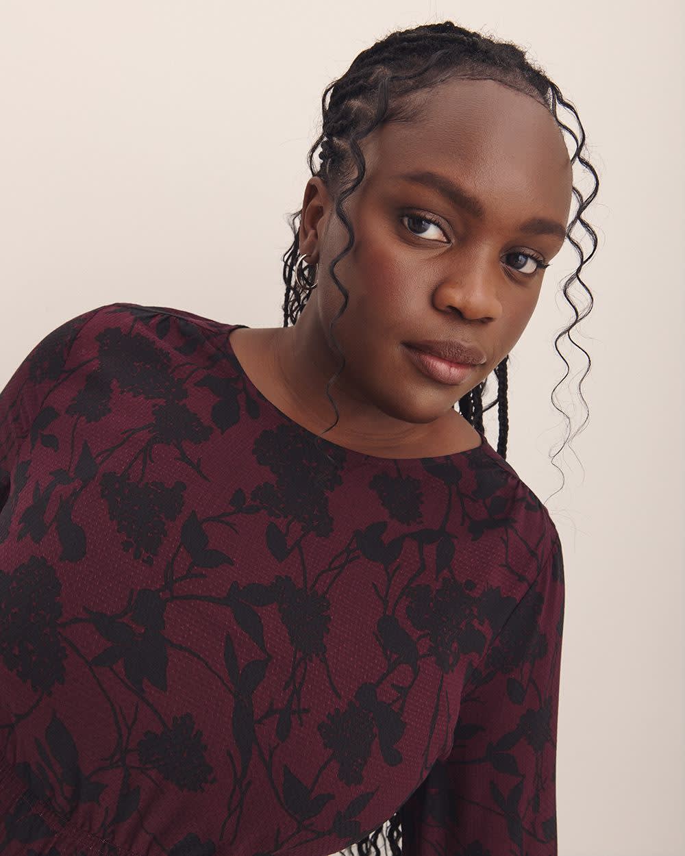 Crewneck Blouse with Smocking Waist - Addition Elle Winetasting printed