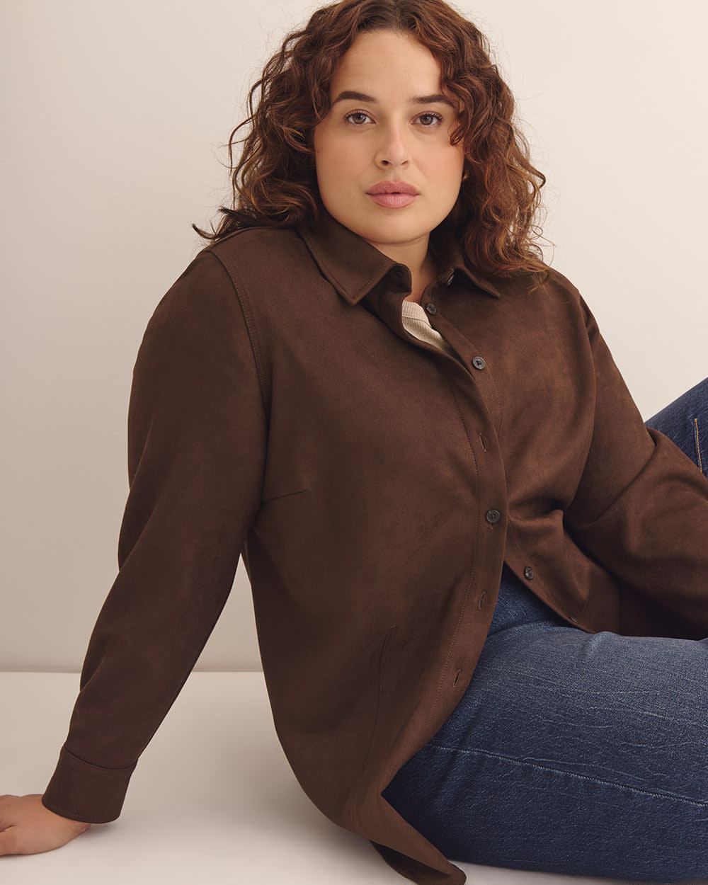 Brown Faux Suede Buttoned-Down Shirt Chicory coffee-