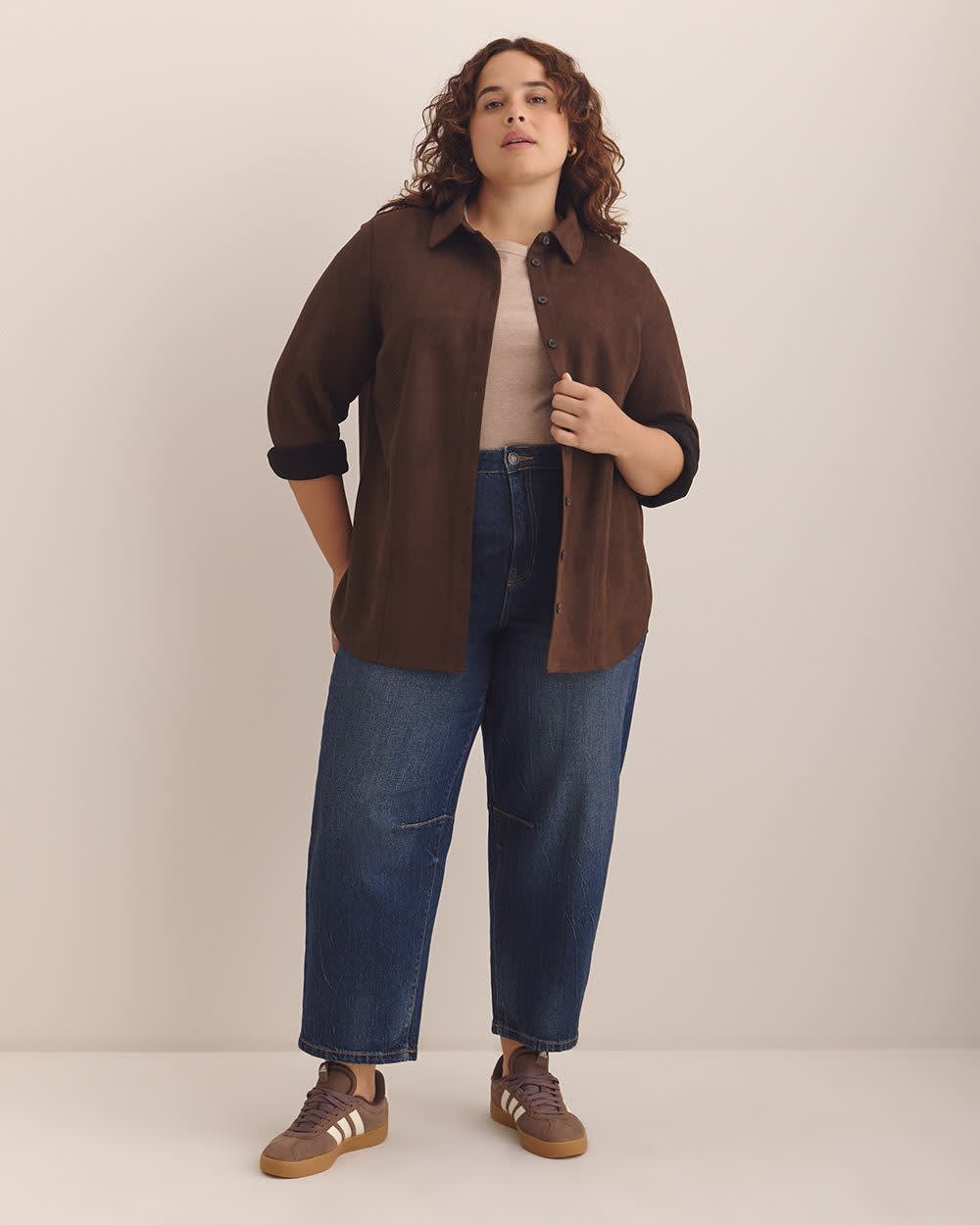Brown Faux Suede Buttoned-Down Shirt Chicory coffee-