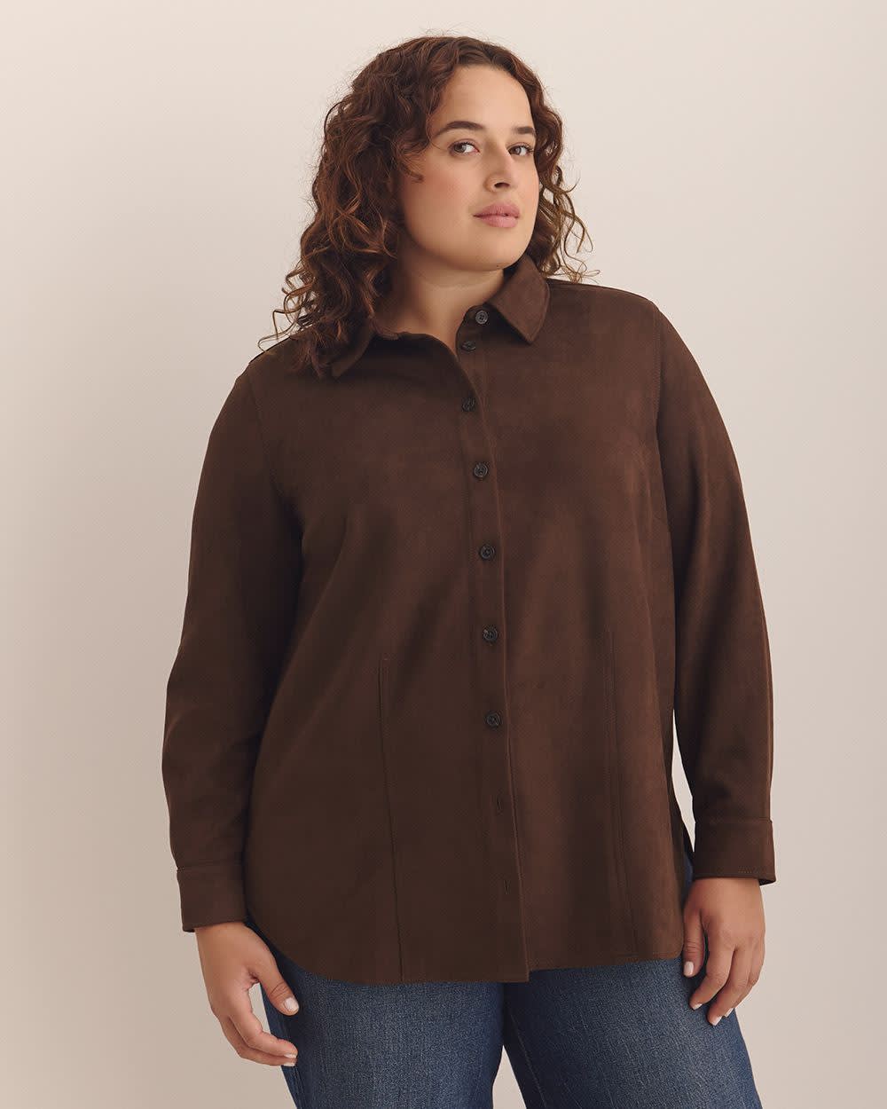 Brown Faux Suede Buttoned-Down Shirt Chicory coffee-