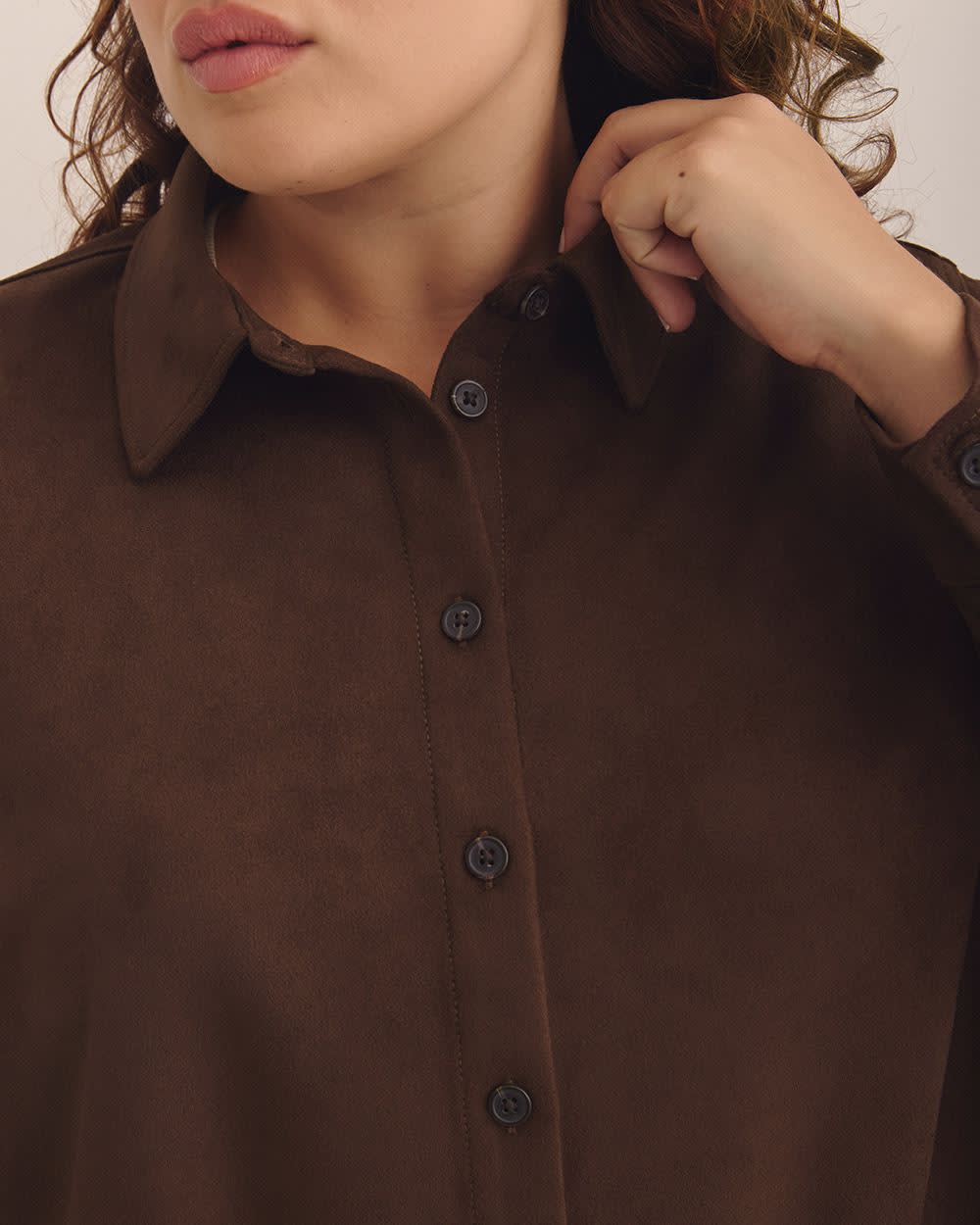 Brown Faux Suede Buttoned-Down Shirt Chicory coffee-