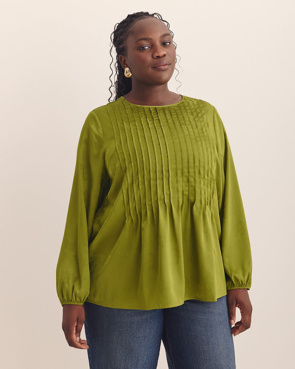 Green Pintuck Long-Sleeve Blouse Cardamom seed 1 Green Pintuck Long-Sleeve Blouse Cardamom seed