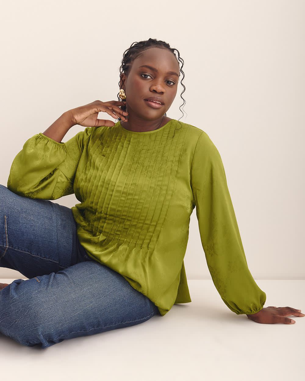 Green Pintuck Long-Sleeve Blouse Cardamom seed 5 Green Pintuck Long-Sleeve Blouse Cardamom seed