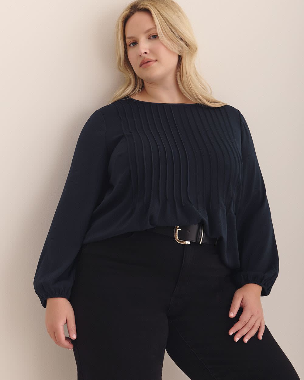 Pintuck Long-Sleeve Blouse Sky captain