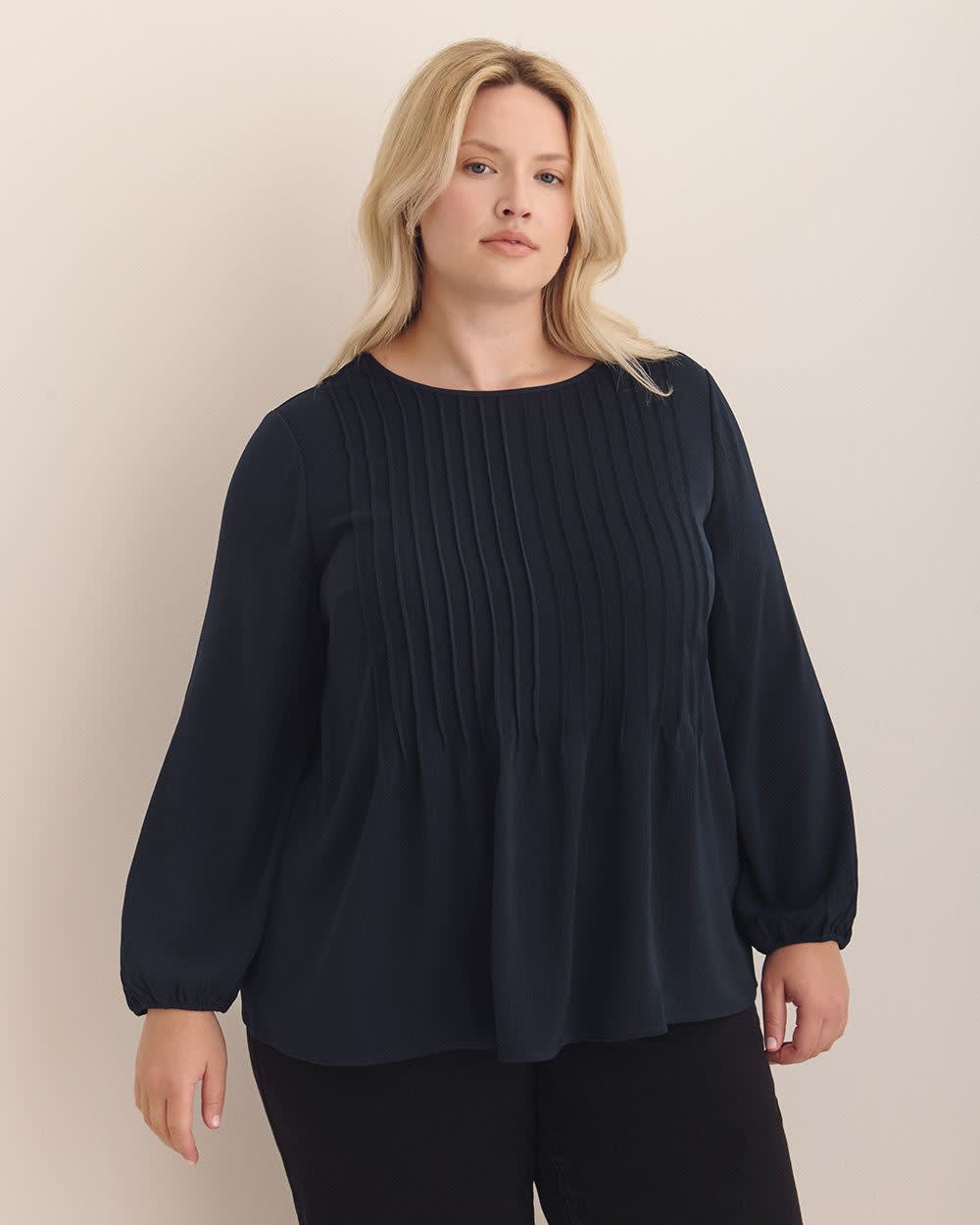 Pintuck Long-Sleeve Blouse Sky captain