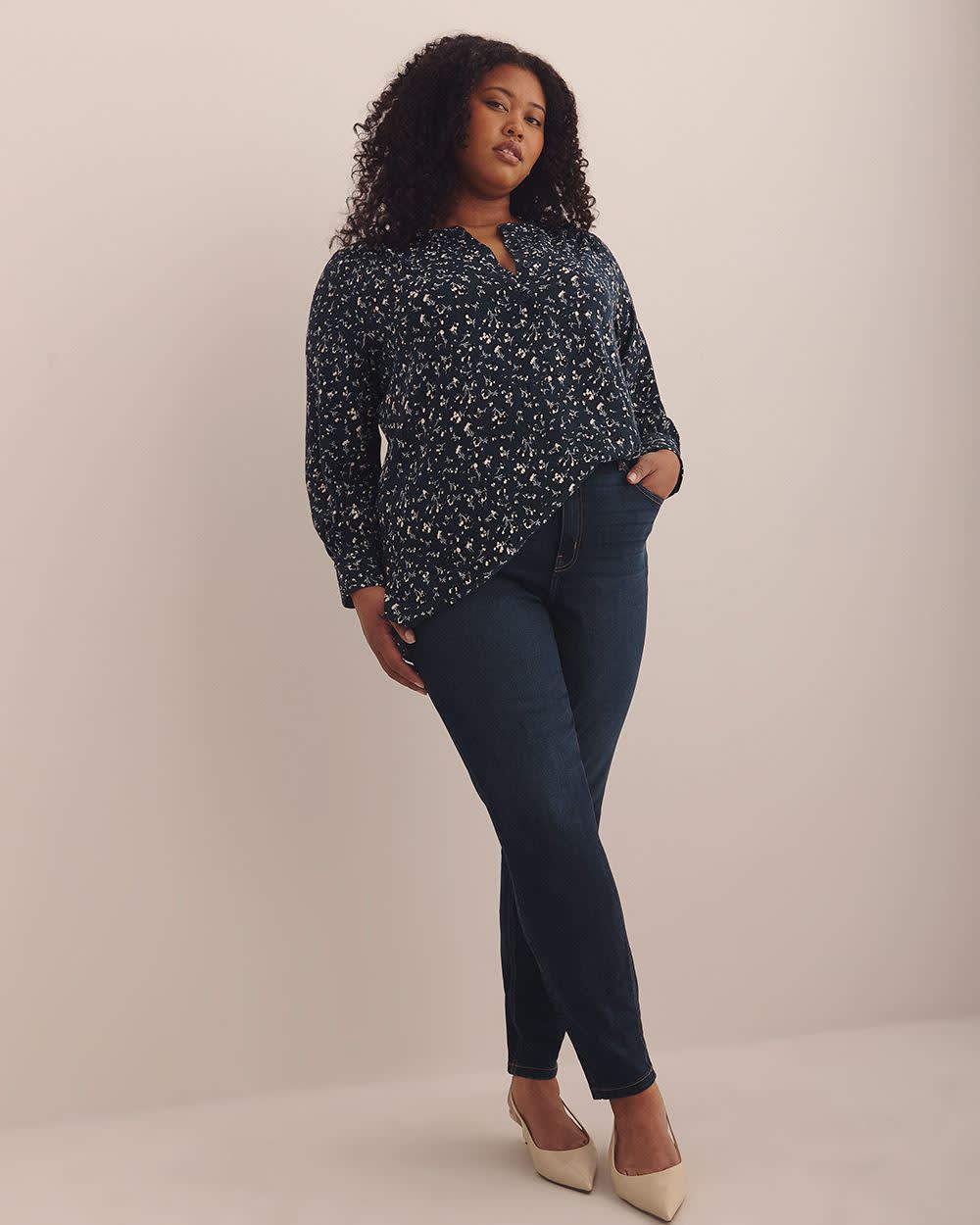 Long-Sleeve Tunic Blouse with Buttoned Crewneck Sky captain printed 1 Long-Sleeve Tunic Blouse with Buttoned Crewneck Sky captain printed