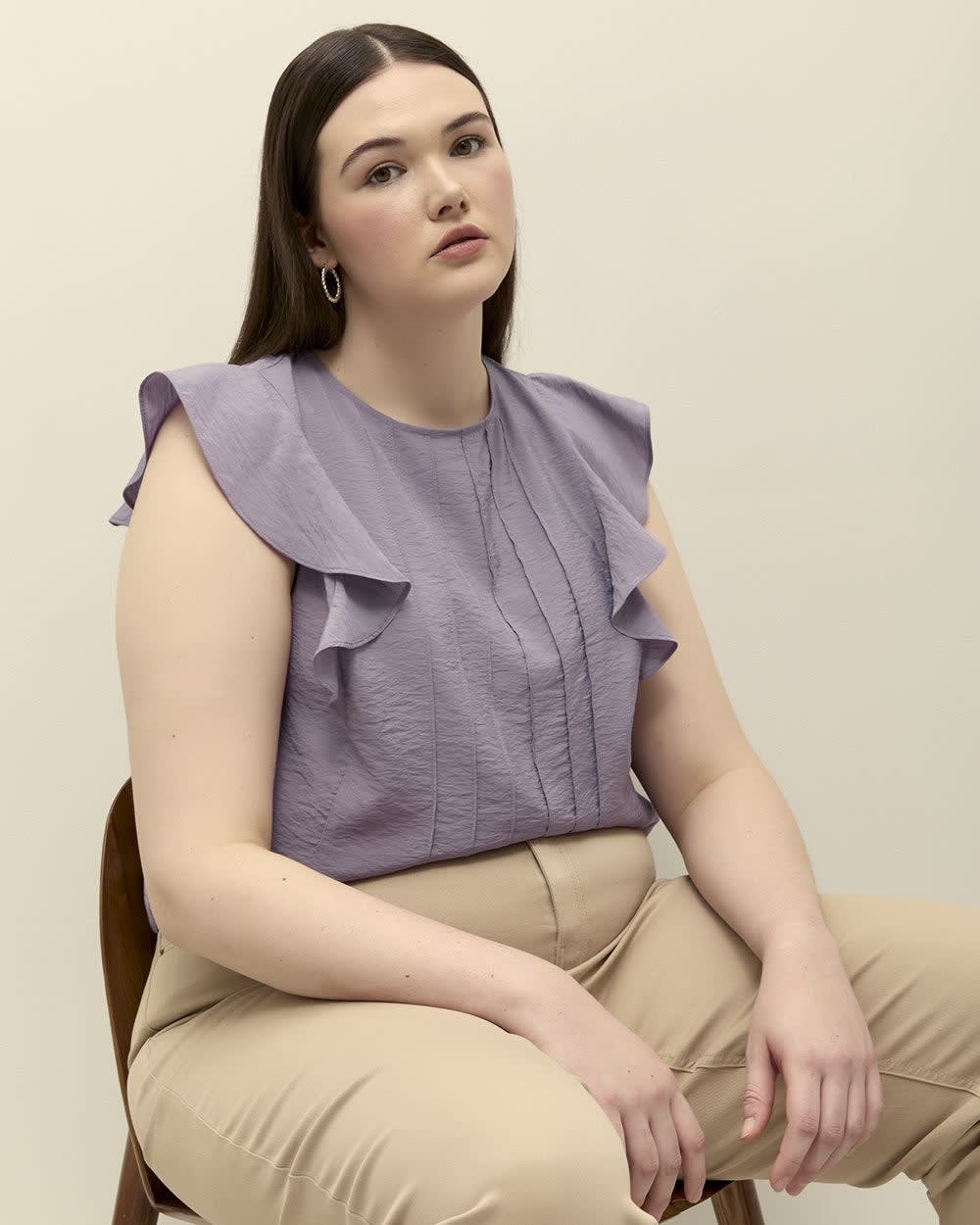 Pintuck Blouse with Short Flutter Sleeves Purple ash