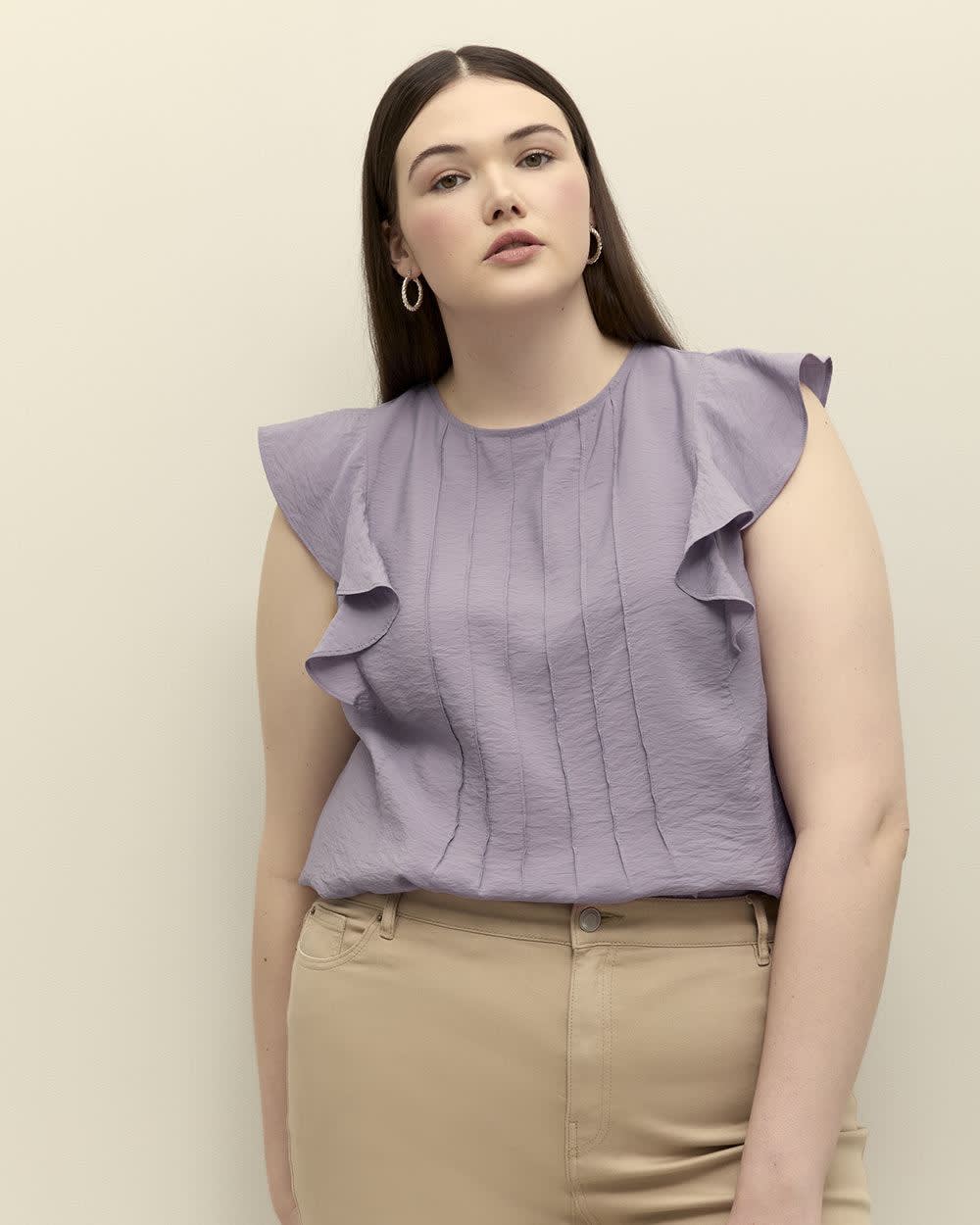 Pintuck Blouse with Short Flutter Sleeves Purple ash