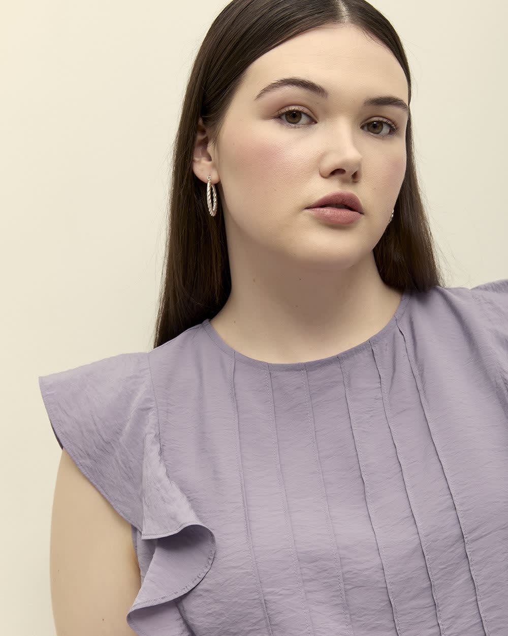 Pintuck Blouse with Short Flutter Sleeves Purple ash
