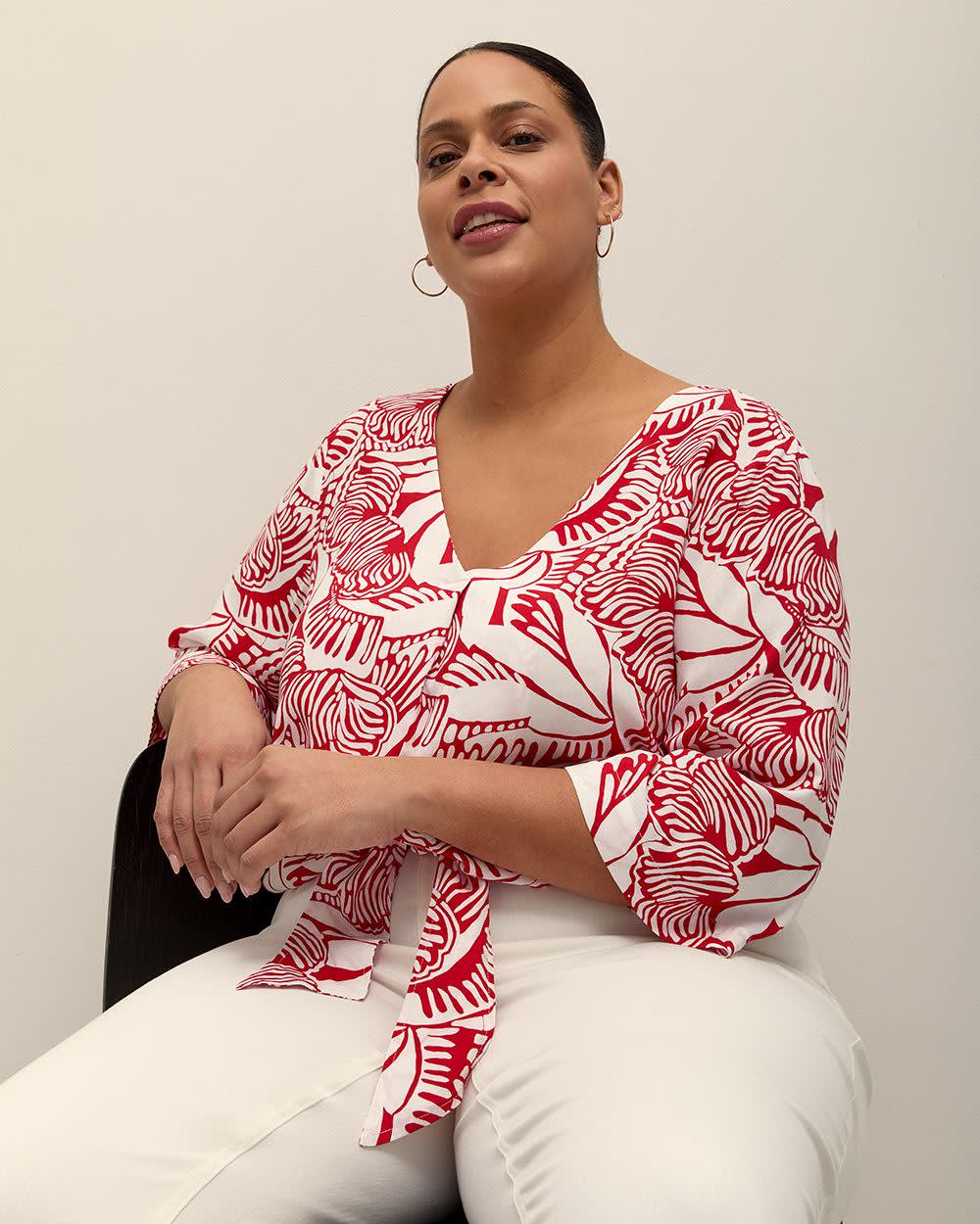 Responsible, V-Neck Blouse with Front Knot Goji Berry Printed 1 Responsible, V-Neck Blouse with Front Knot Goji Berry Printed