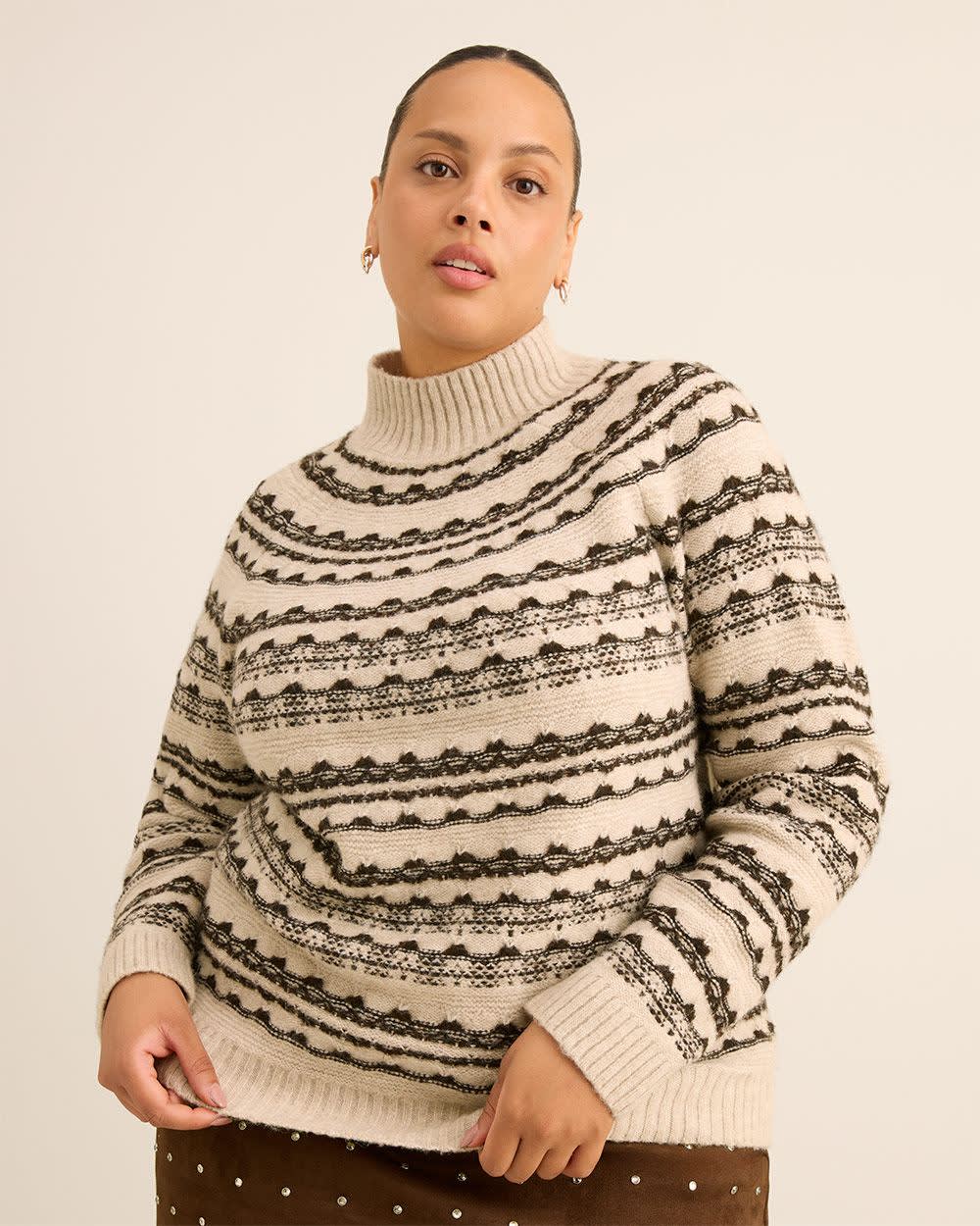 Brown Mock-Neck Fair Isle Sweater Brown mix- 4 Brown Mock-Neck Fair Isle Sweater Brown mix-