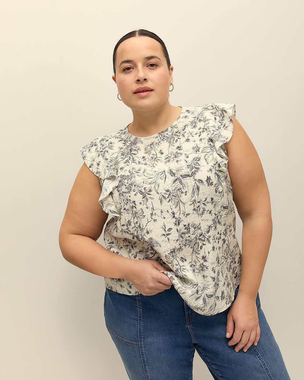 Pintuck Blouse with Short Flutter Sleeves Bone white printed 1 Pintuck Blouse with Short Flutter Sleeves Bone white printed