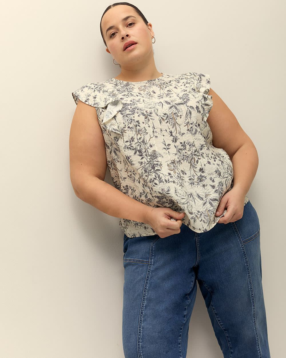 Pintuck Blouse with Short Flutter Sleeves Bone white printed 2 Pintuck Blouse with Short Flutter Sleeves Bone white printed