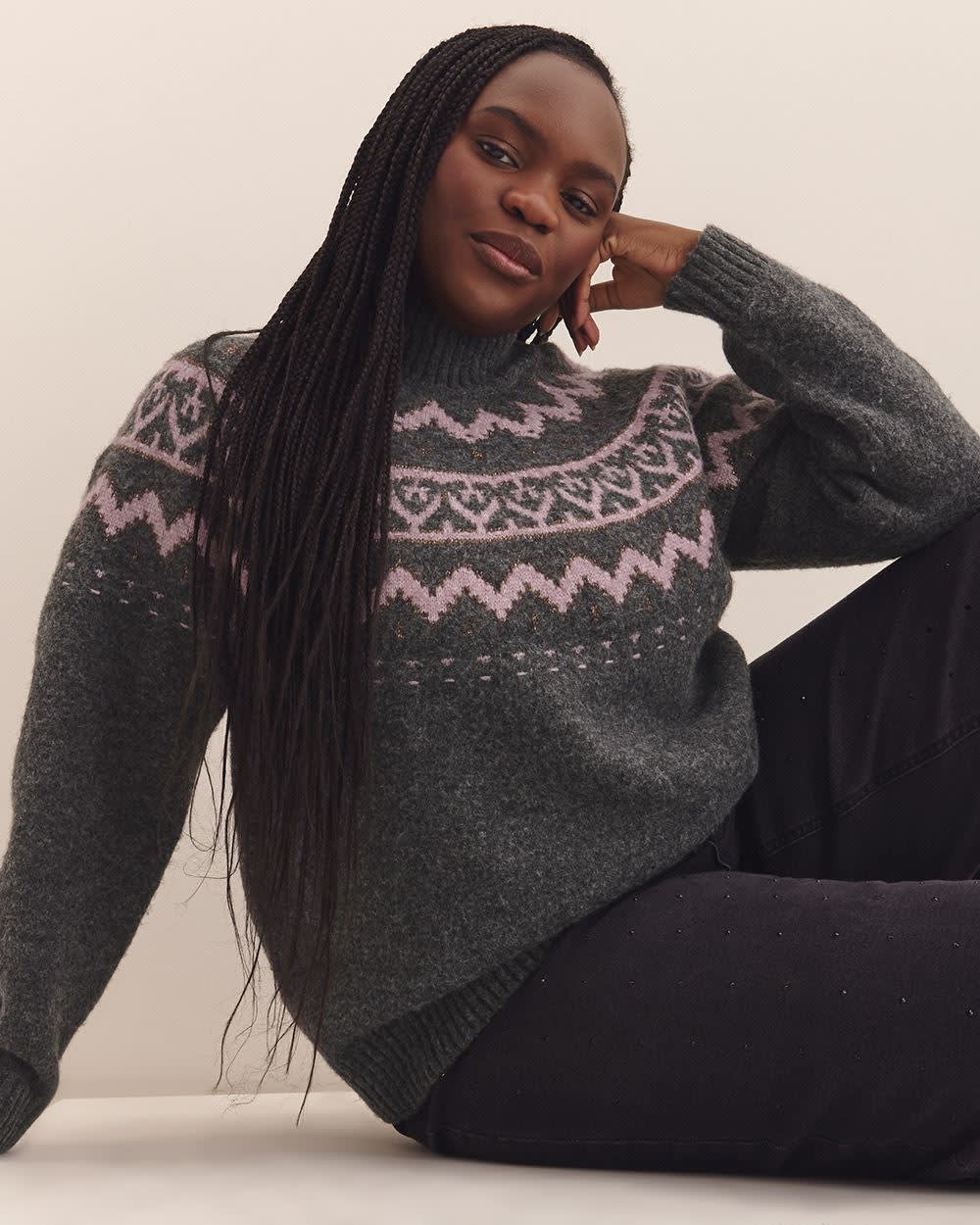 Grey Mock-Neck Sweater with Metallic Fair Isle Print Dark grey mix-