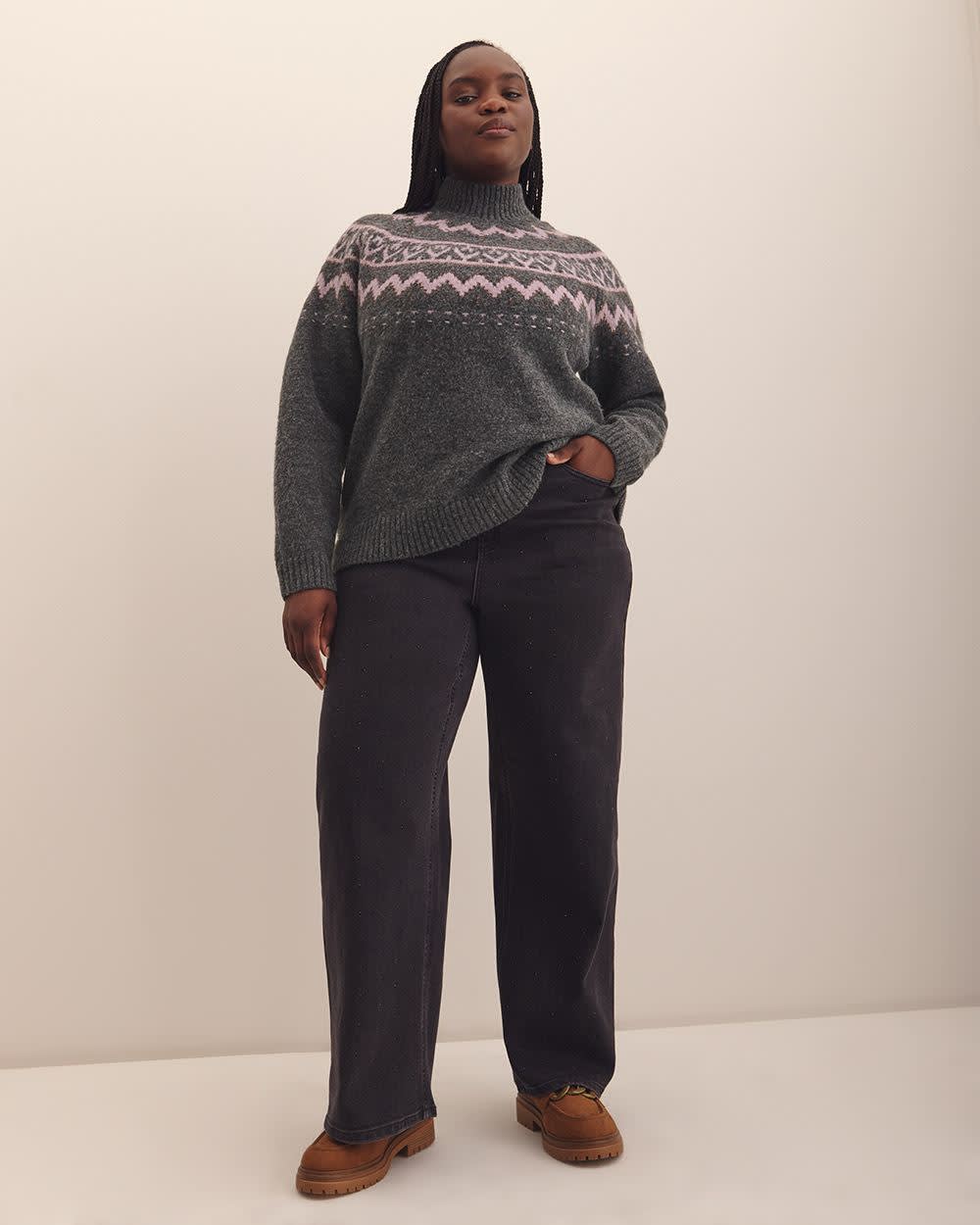 Grey Mock-Neck Sweater with Metallic Fair Isle Print Dark grey mix-