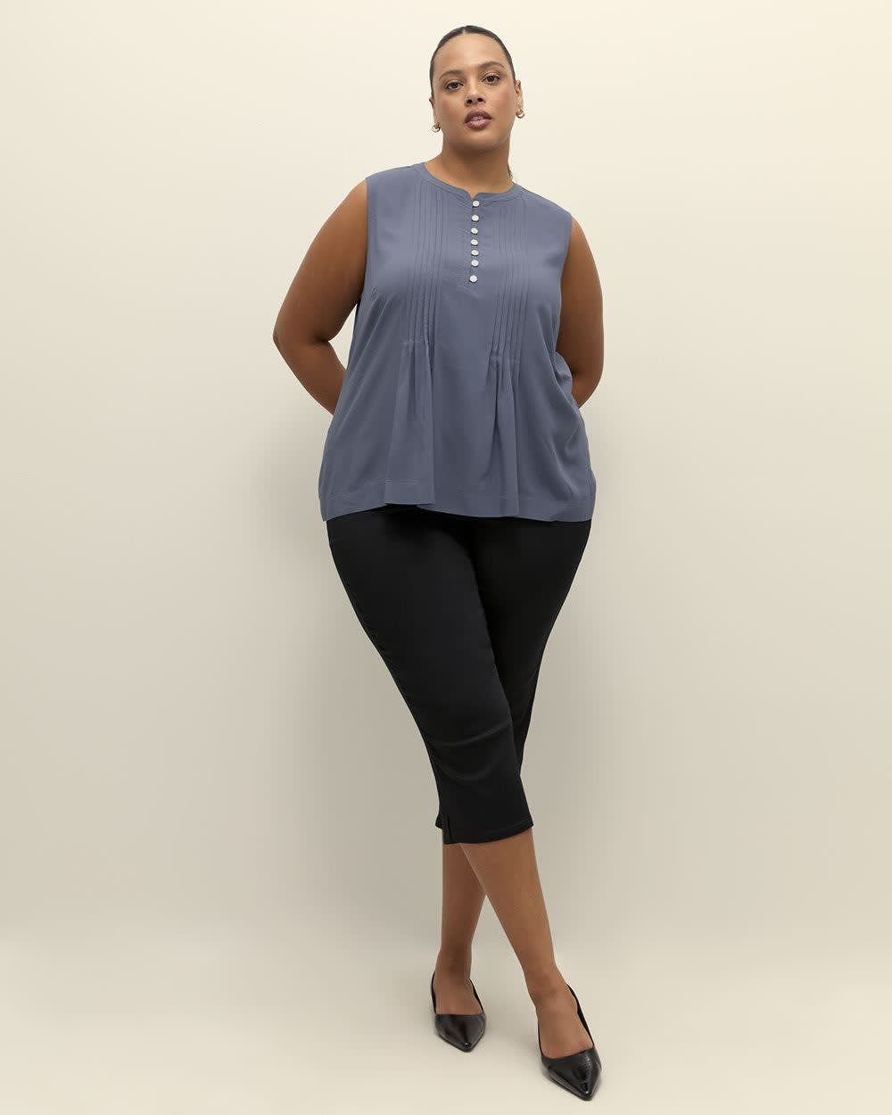 Responsible, Sleeveless Mao Collar Pintuck Blouse Night shadow blue 2 Responsible, Sleeveless Mao Collar Pintuck Blouse Night shadow blue