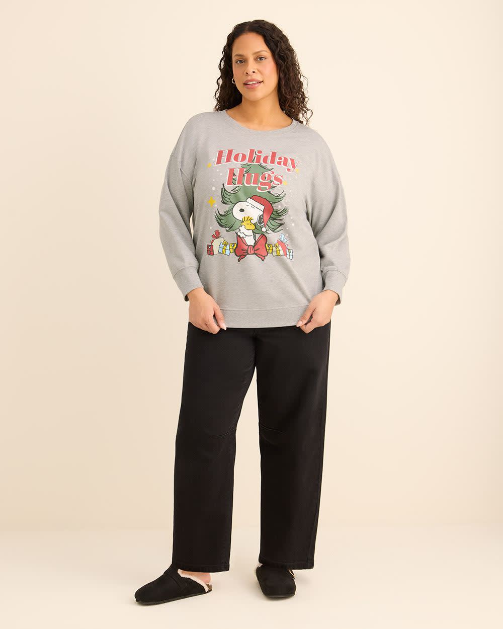 Grey Crewneck Sweatshirt with Holiday Snoopy Print Grey Snoopy