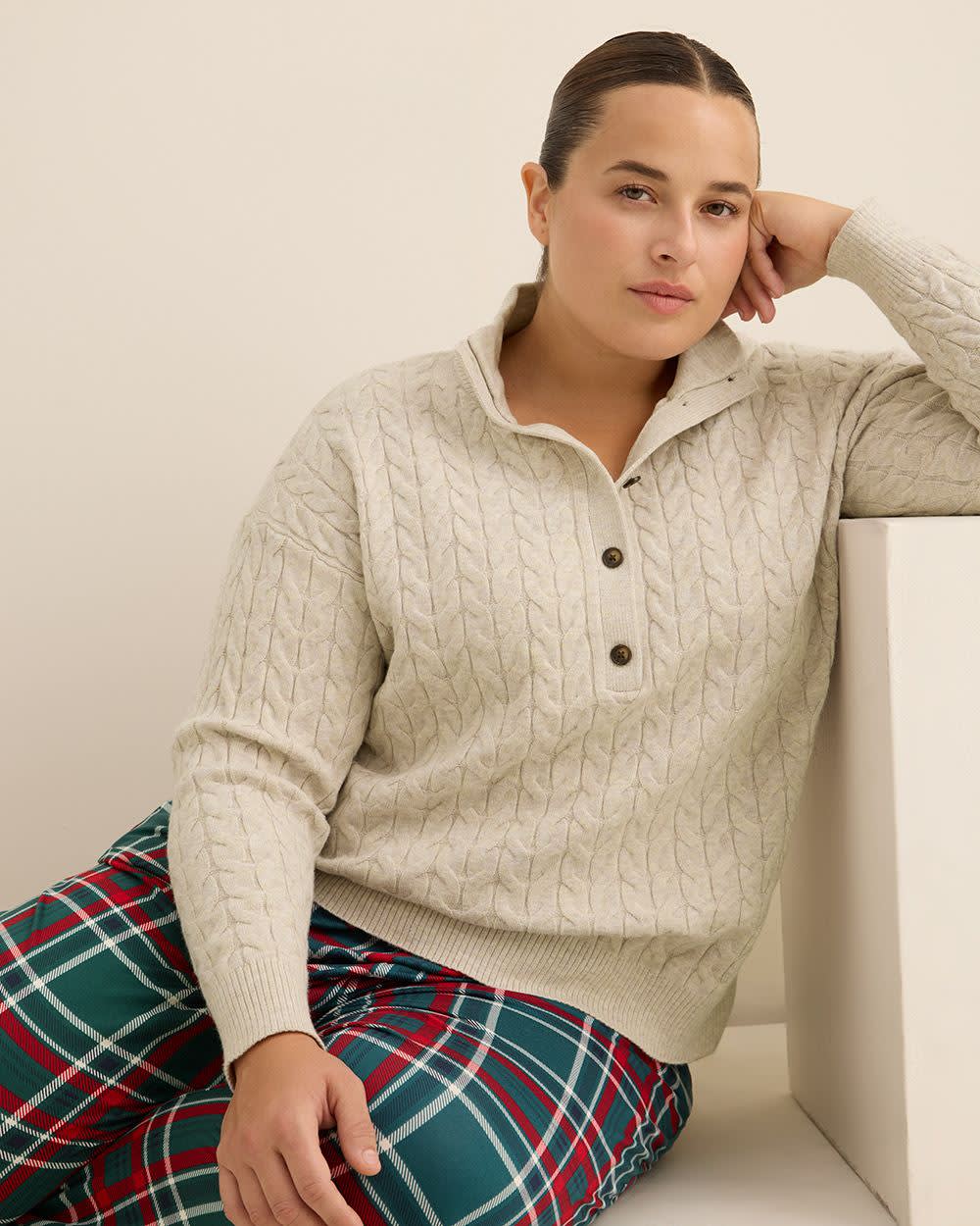 Half-Placket Cable Knit Sweater Light oat mix