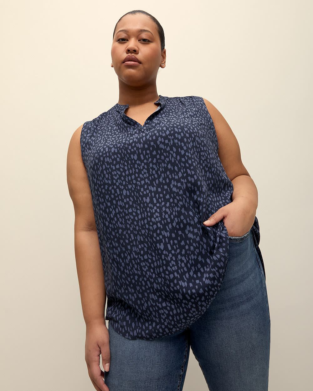 Responsible, Sleeveless Tunic Blouse Navy Blazer Printed