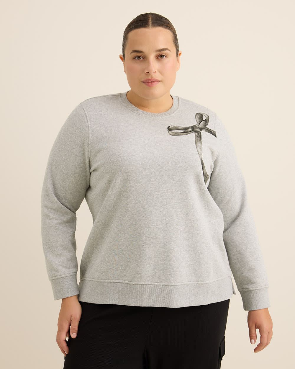 Heather Grey Fleece Crewneck Sweatshirt with Bow Light grey mix printed