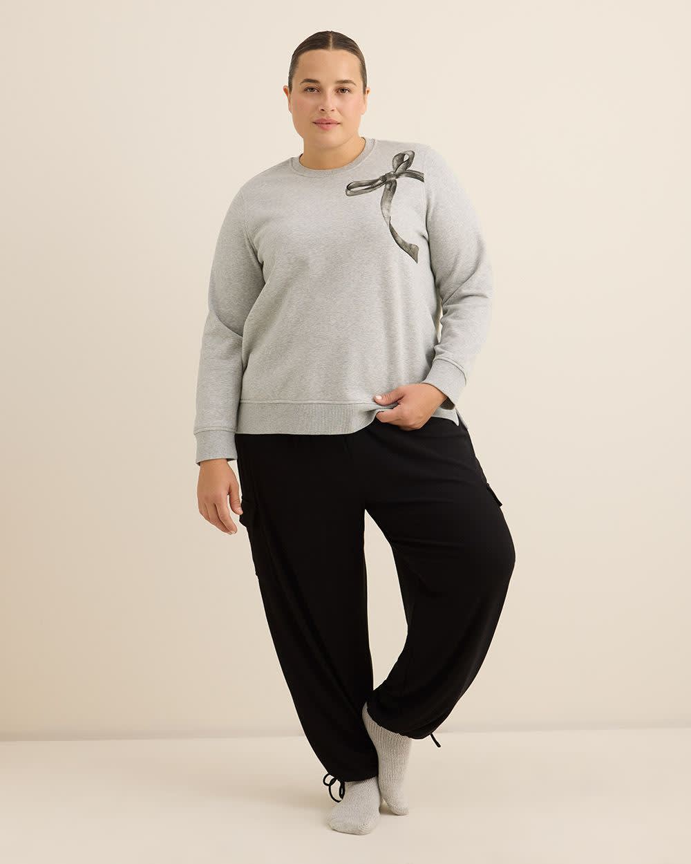 Heather Grey Fleece Crewneck Sweatshirt with Bow Light grey mix printed