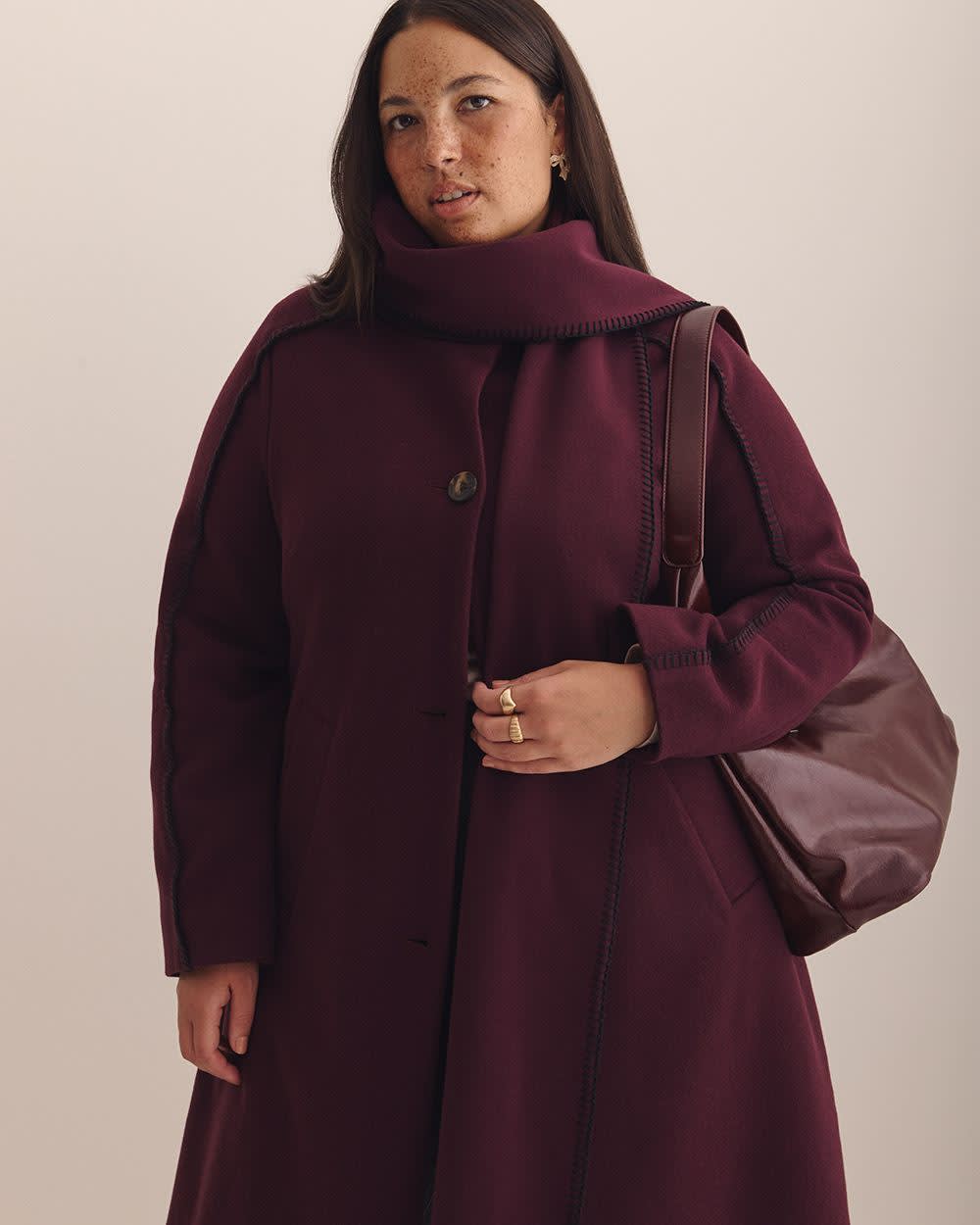 Blanket-Stitch Scarf Coat - Addition Elle Winetasting