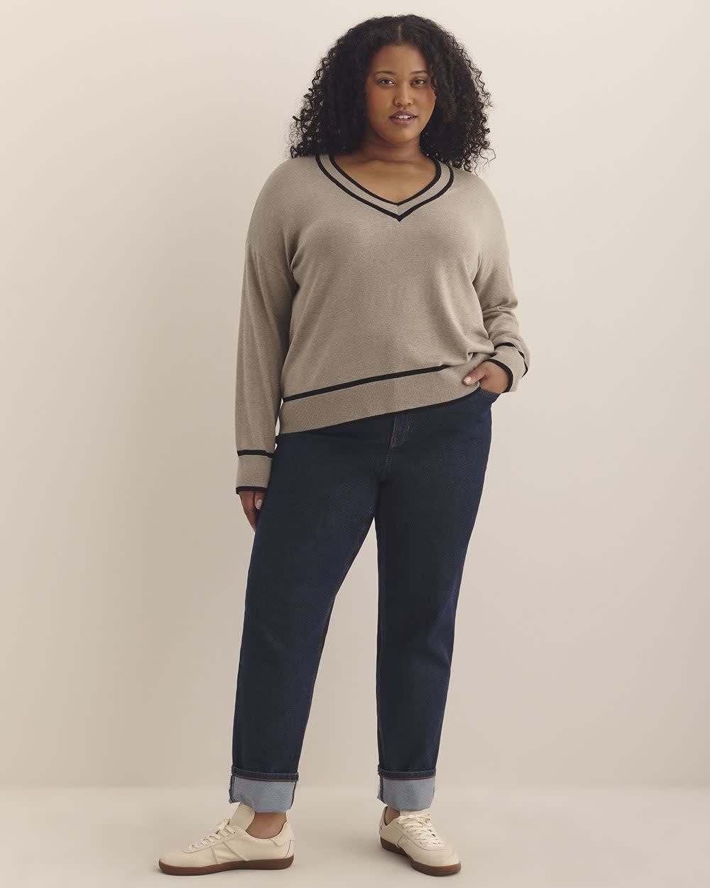 Responsible, Cotton-Blend Long-Sleeve V-Neck Sweater Leafless tree mix
