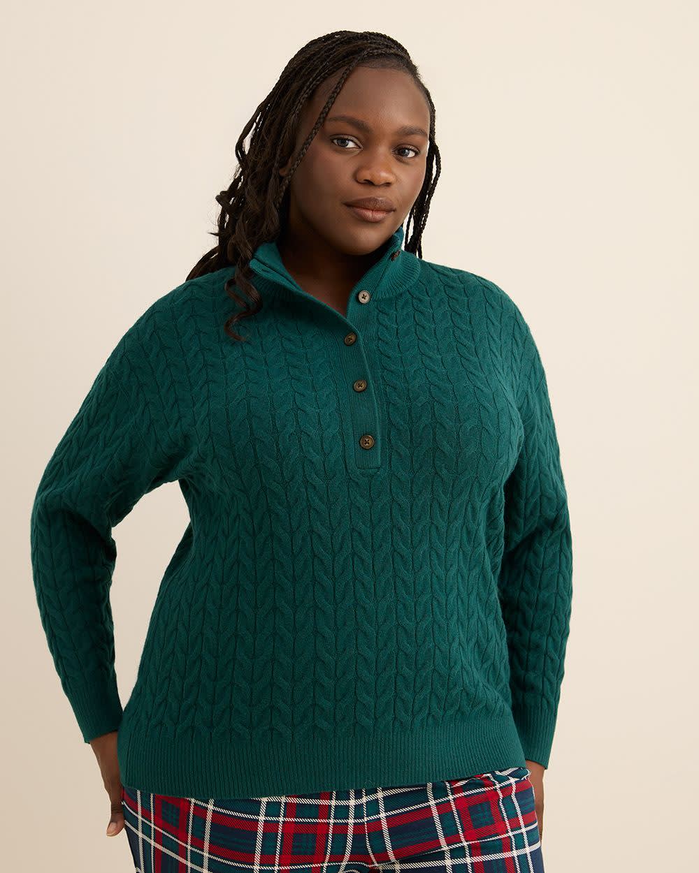 Half-Placket Cable Knit Sweater Deep Teal 1 Half-Placket Cable Knit Sweater Deep Teal
