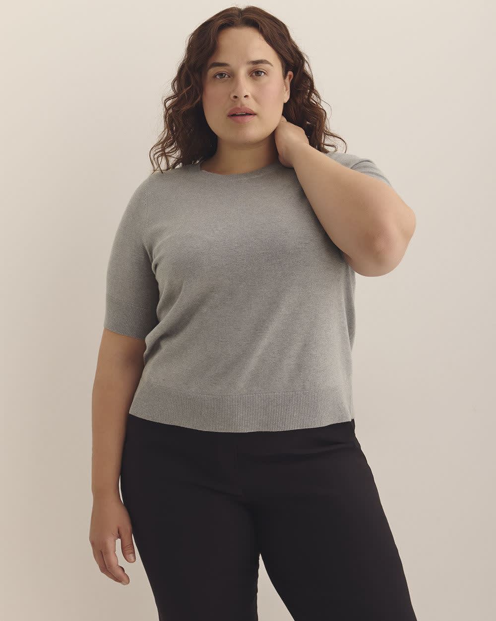 Responsible, Elbow-Sleeve Crewneck Sweater Light medium grey mix 1 Responsible, Elbow-Sleeve Crewneck Sweater Light medium grey mix