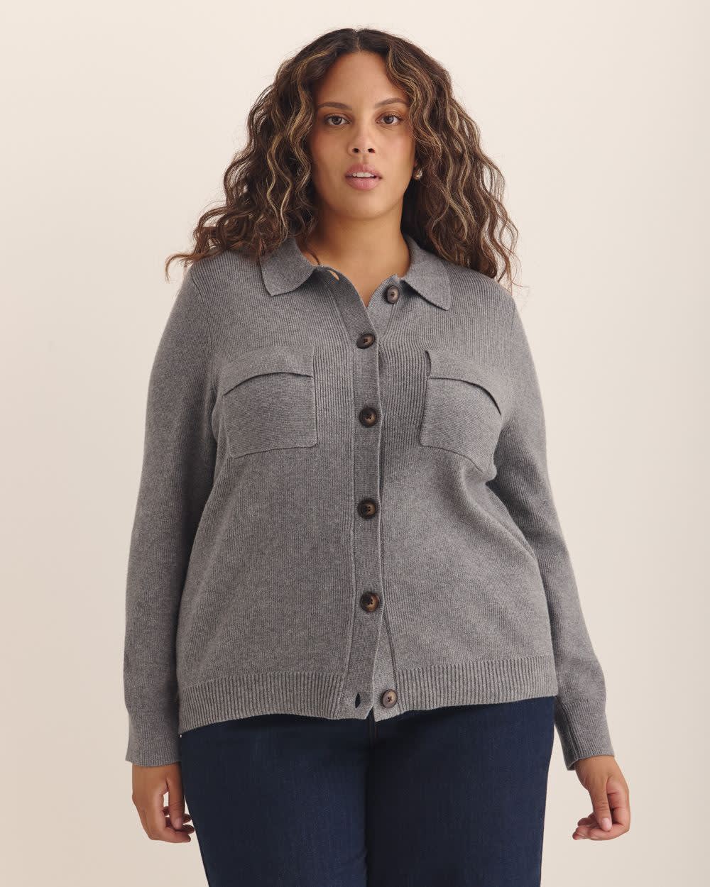 Responsible, Buttoned-Down Polo Sweater Cardigan Dark grey mix- 1 Responsible, Buttoned-Down Polo Sweater Cardigan Dark grey mix-