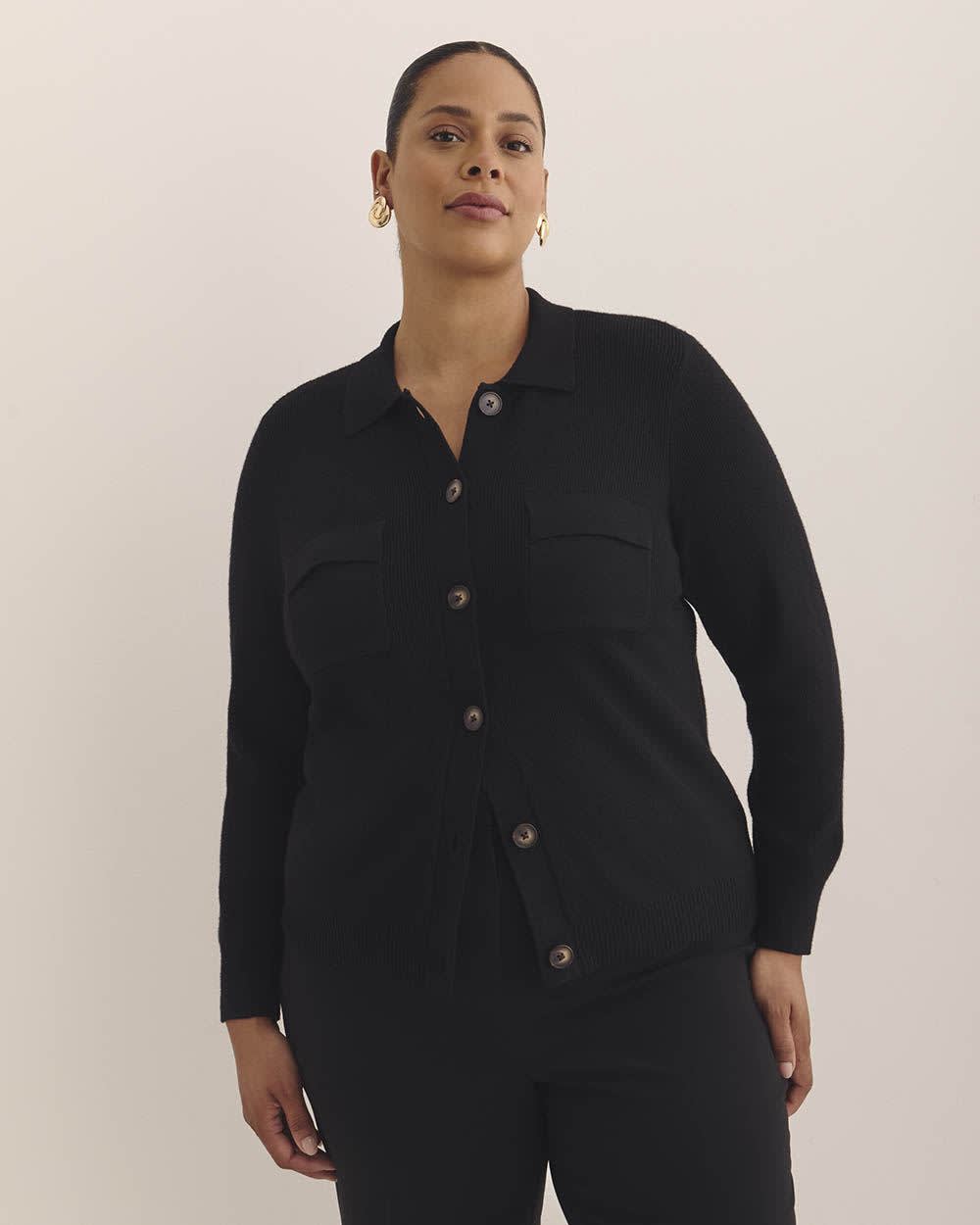 Responsible, Buttoned-Down Polo Sweater Cardigan Black