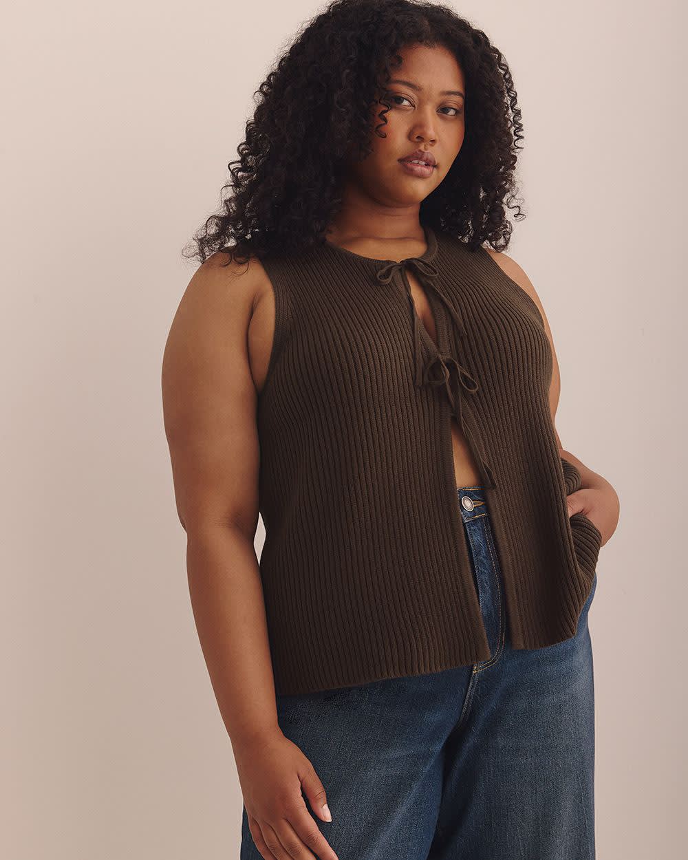 Sleeveless Sweater Vest with Tie-Front Chicory coffee-