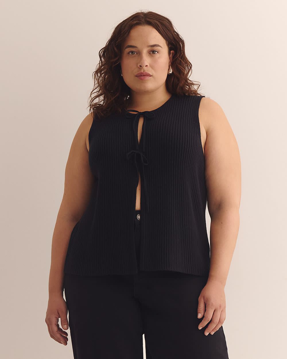 Sleeveless Sweater Vest with Tie-Front Black