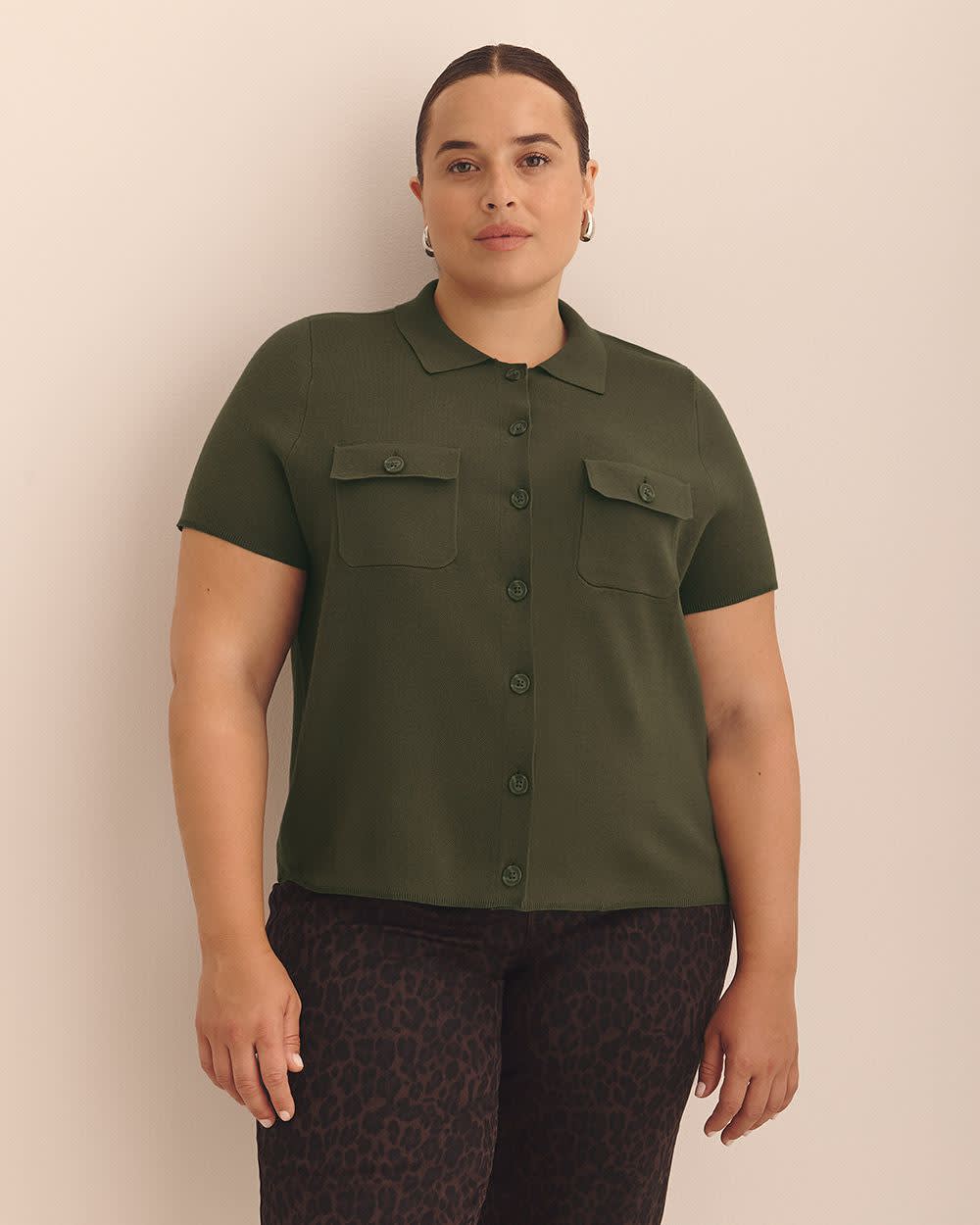 Short-Sleeve Cardigan Sweater - Addition Elle Ivy green 1 Short-Sleeve Cardigan Sweater - Addition Elle Ivy green