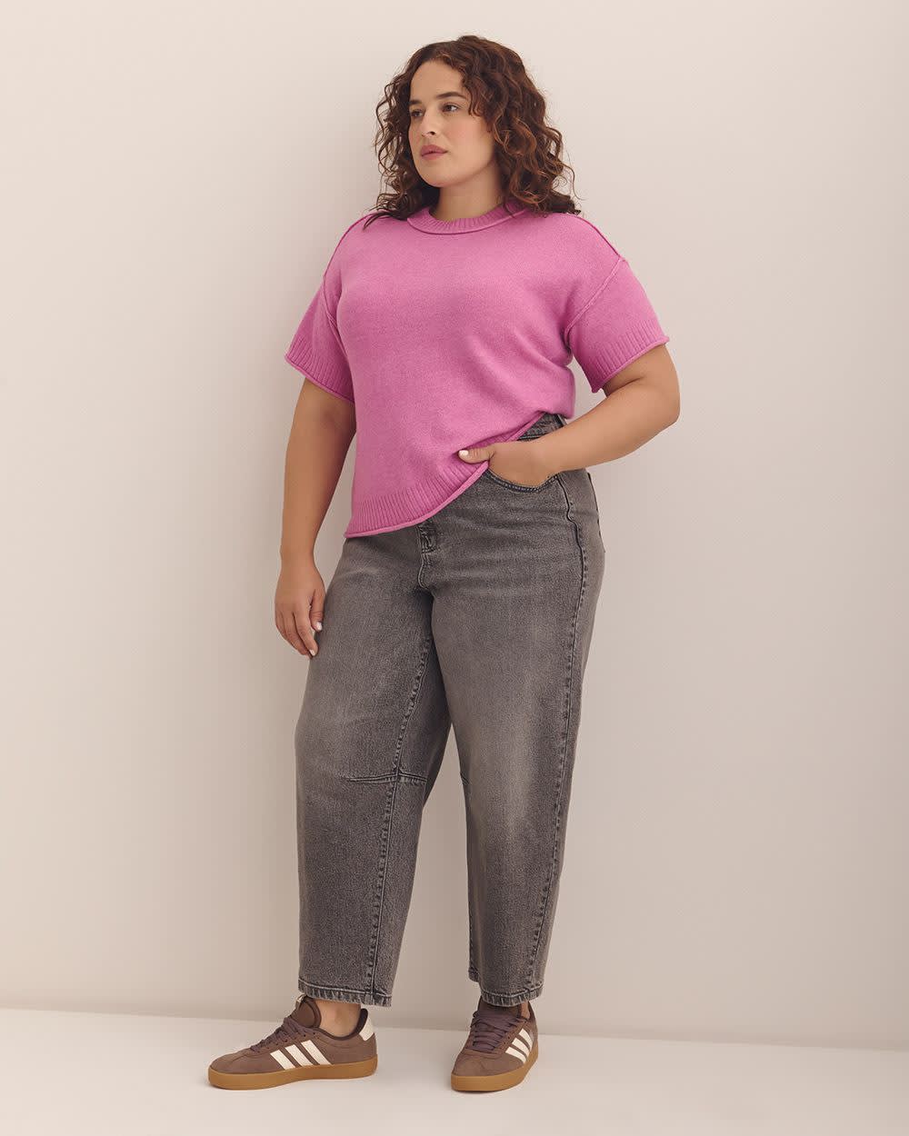 Relaxed Crewneck Short-Sleeve Sweater Opera mauve