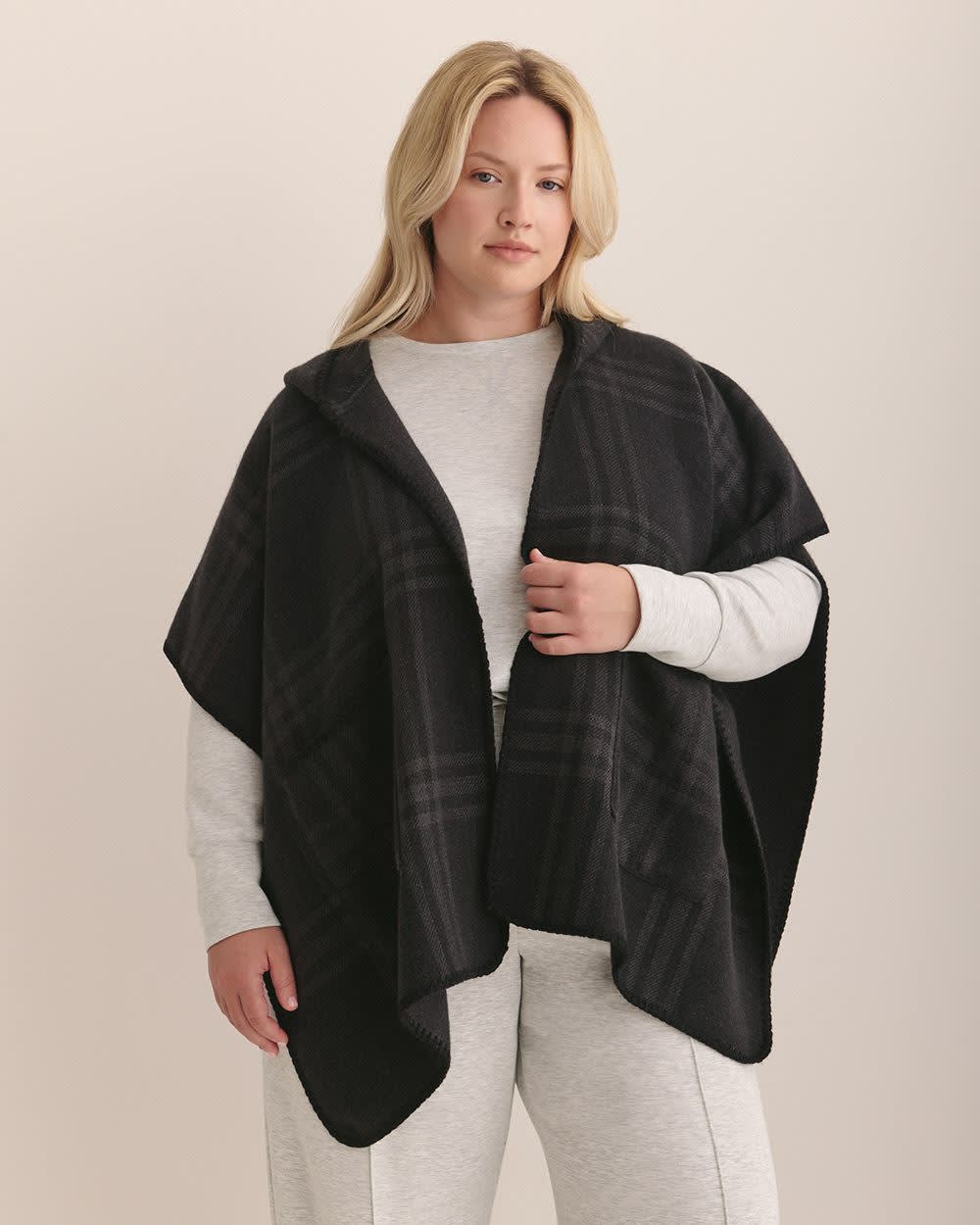 Black Plaid Hooded Cape with Pockets Dark grey mix -