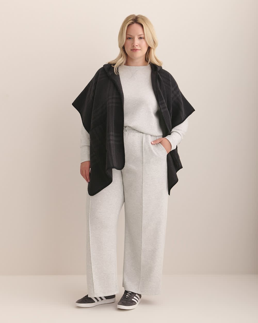 Black Plaid Hooded Cape with Pockets Dark grey mix -