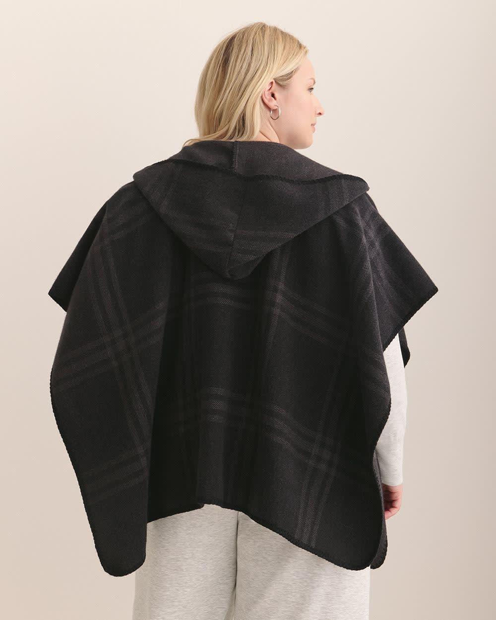 Black Plaid Hooded Cape with Pockets Dark grey mix -