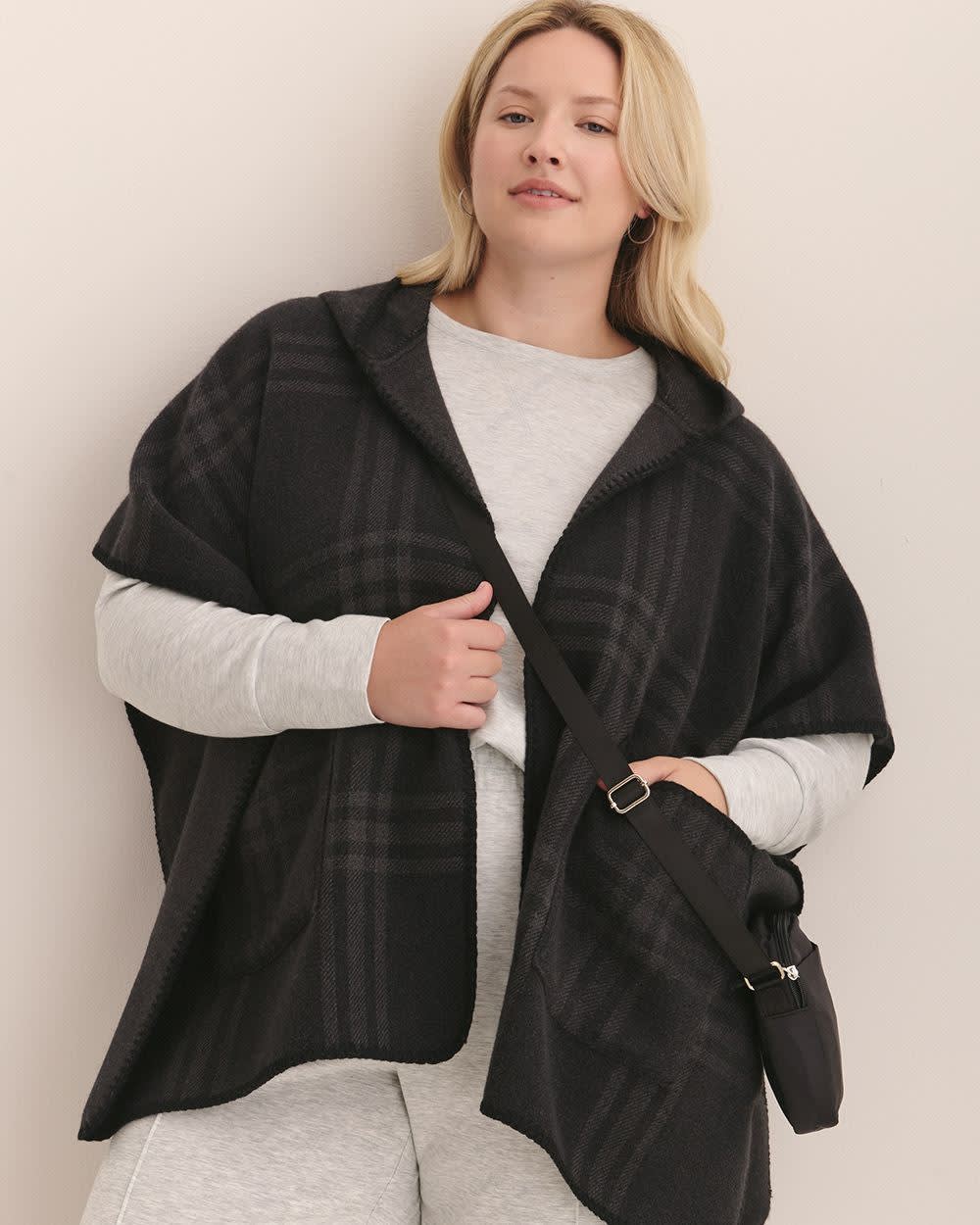 Black Plaid Hooded Cape with Pockets Dark grey mix -