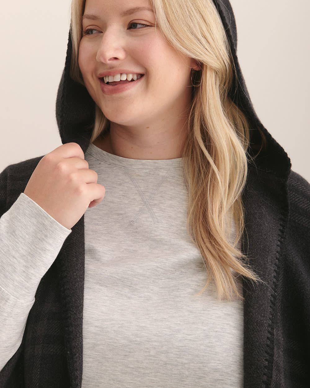 Black Plaid Hooded Cape with Pockets Dark grey mix -