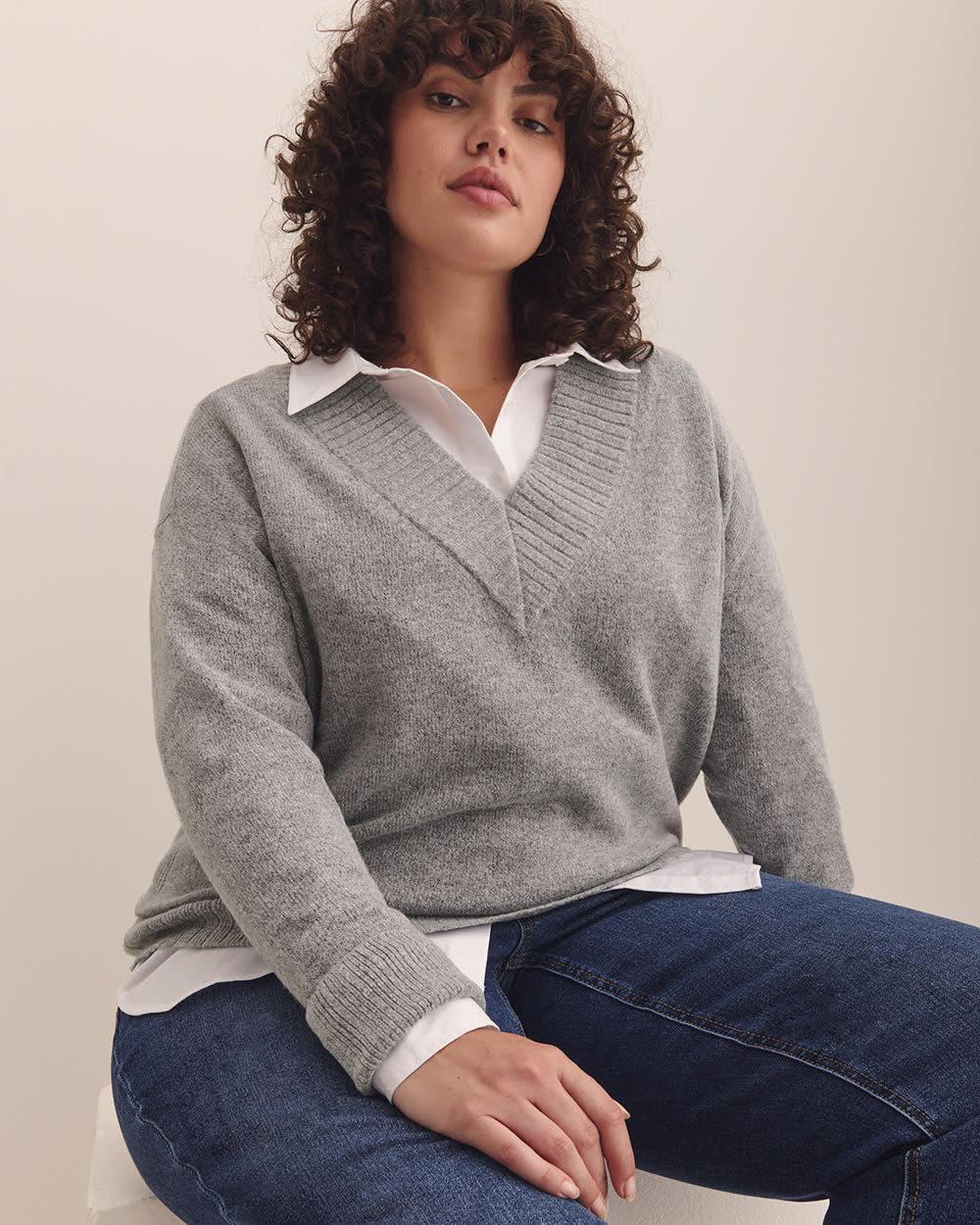 V-Neck Tunic Sweater Light Grey Mix