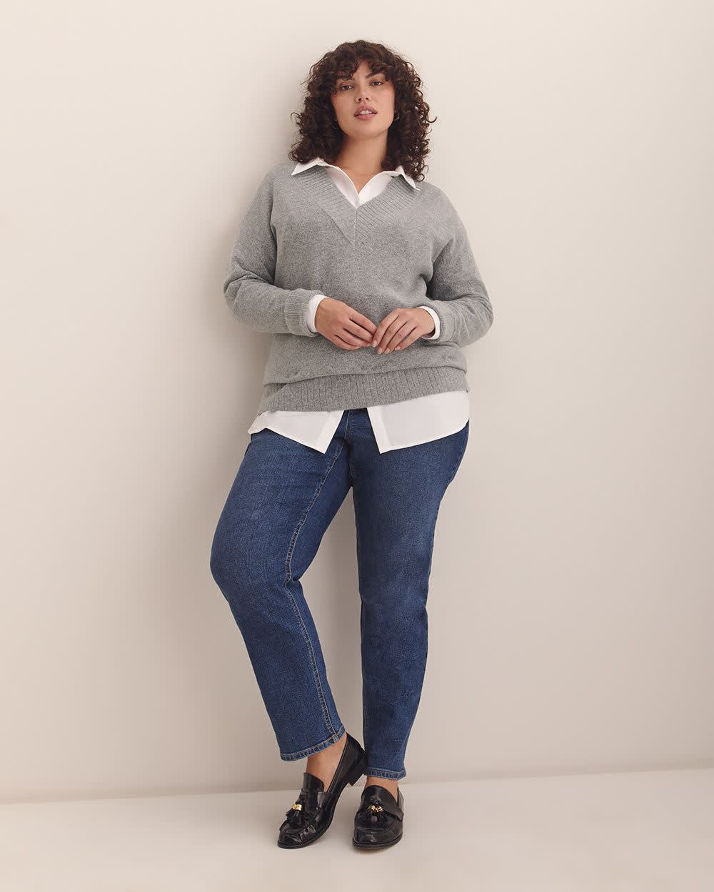 V-Neck Tunic Sweater Light Grey Mix