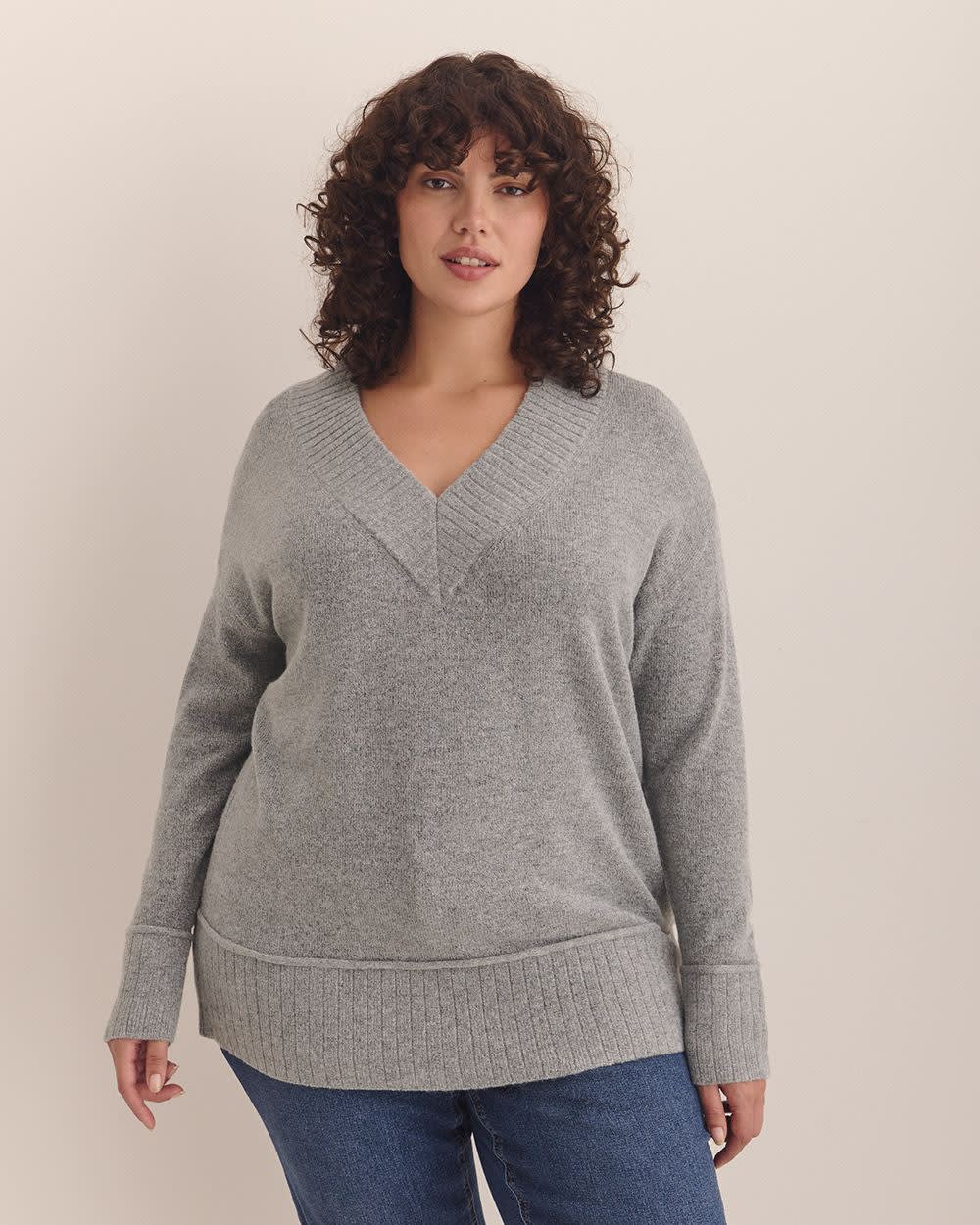 V-Neck Tunic Sweater Light Grey Mix
