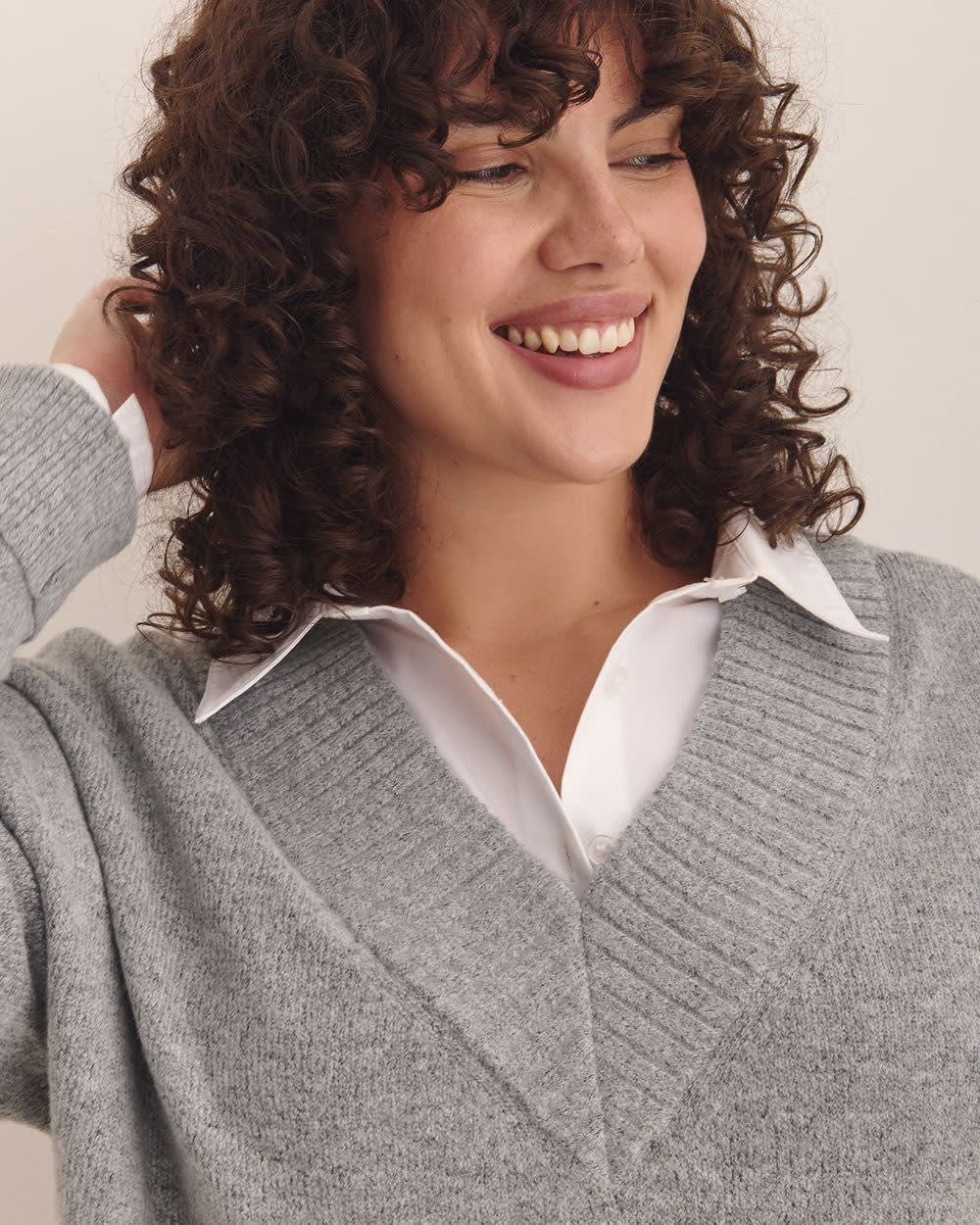 V-Neck Tunic Sweater Light Grey Mix