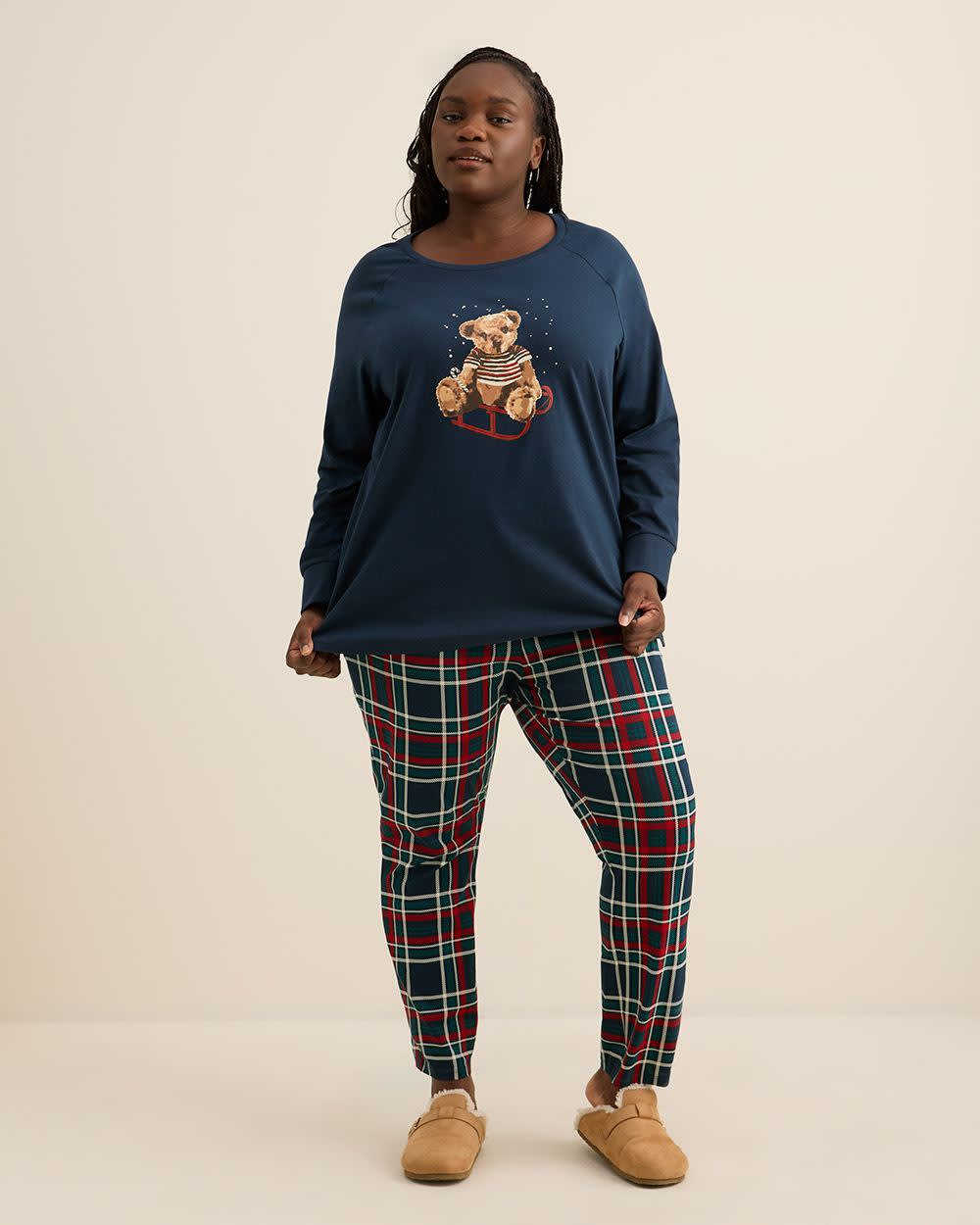 Teddy Bear and Plaid Print Knit Tunic Top and Legging Pyjama Set - ti Voglio Dress Blues